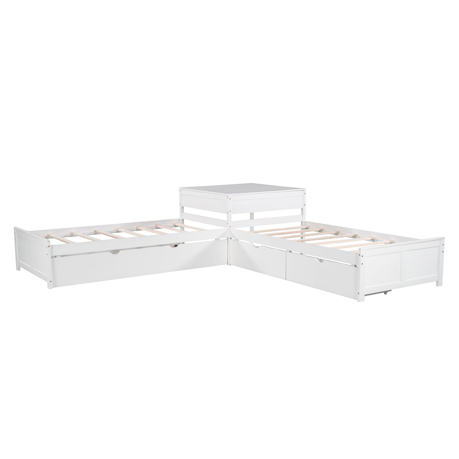 L-Shaped Platform Bed With Trundle And Drawers Linked With Built In Desk, Twin - White - Image 10
