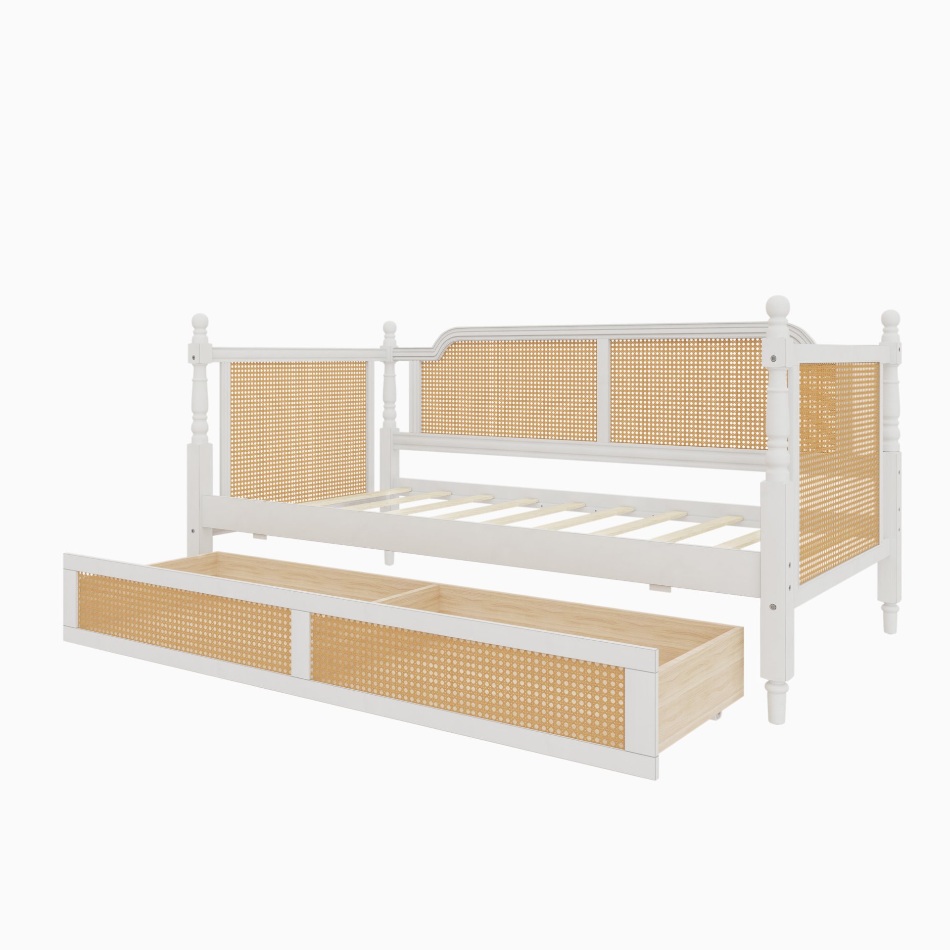 Traditional Style Rattan Twin Size Daybed With 2 Drawers For Limited Space, Guest Room, No Box Spring Needed - Antique White - Image 9