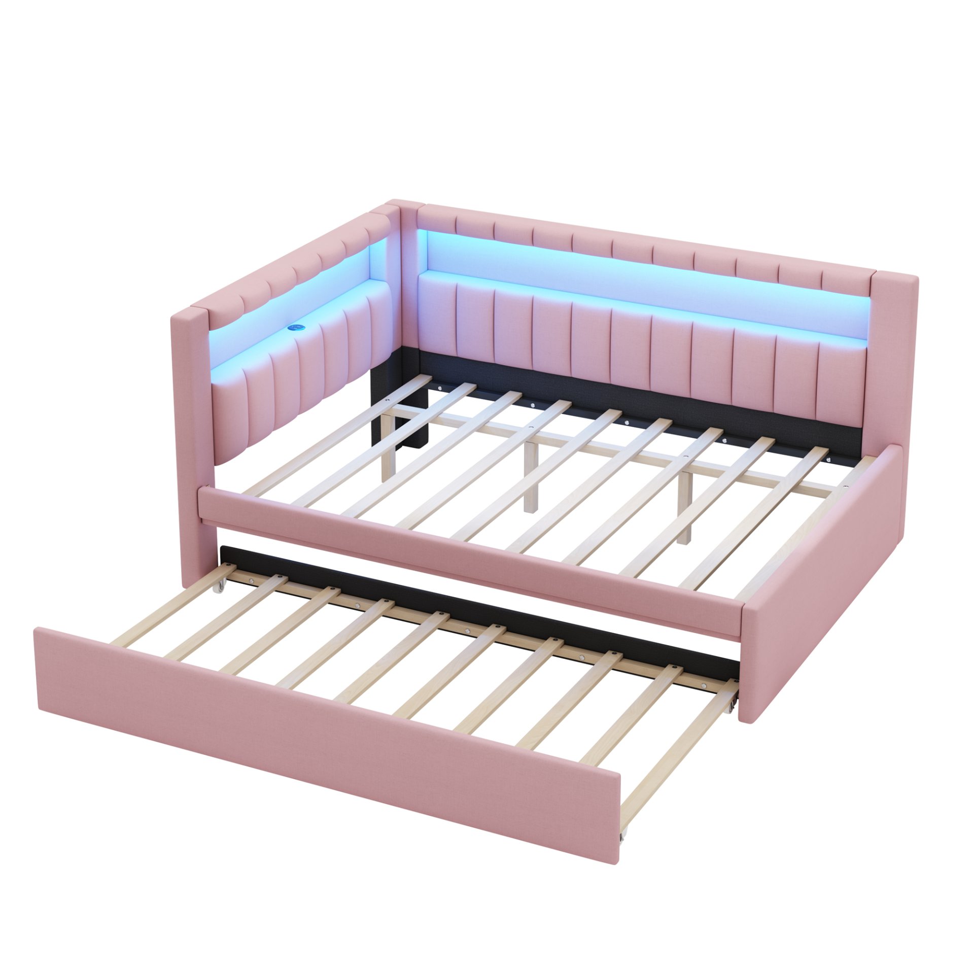 Full Size Upholstered Platform Bed With USB Ports, LED Belt And Trundle - Pink - Image 8