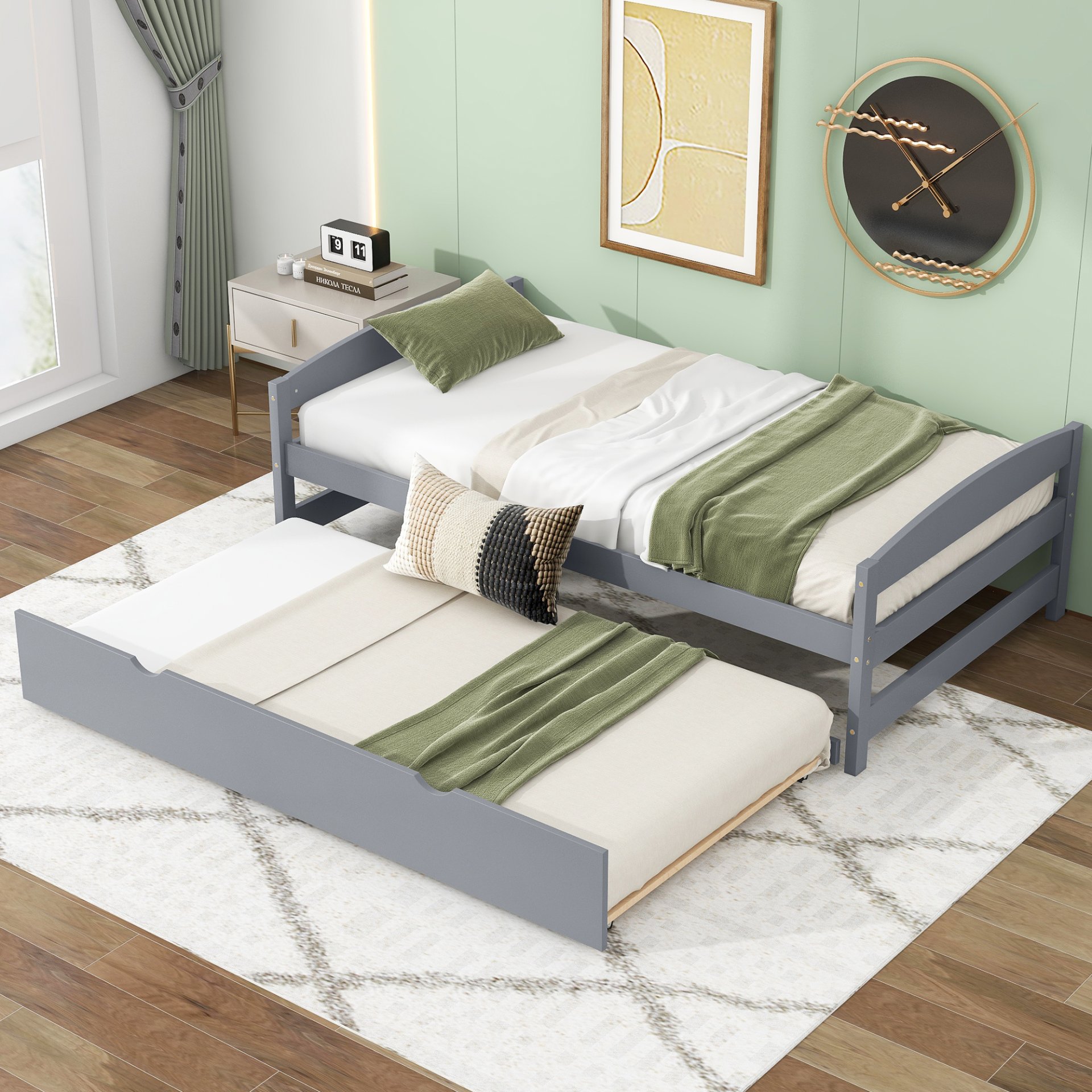 Twin Size Platform Bed With Twin Trundle - Gray - Image 2