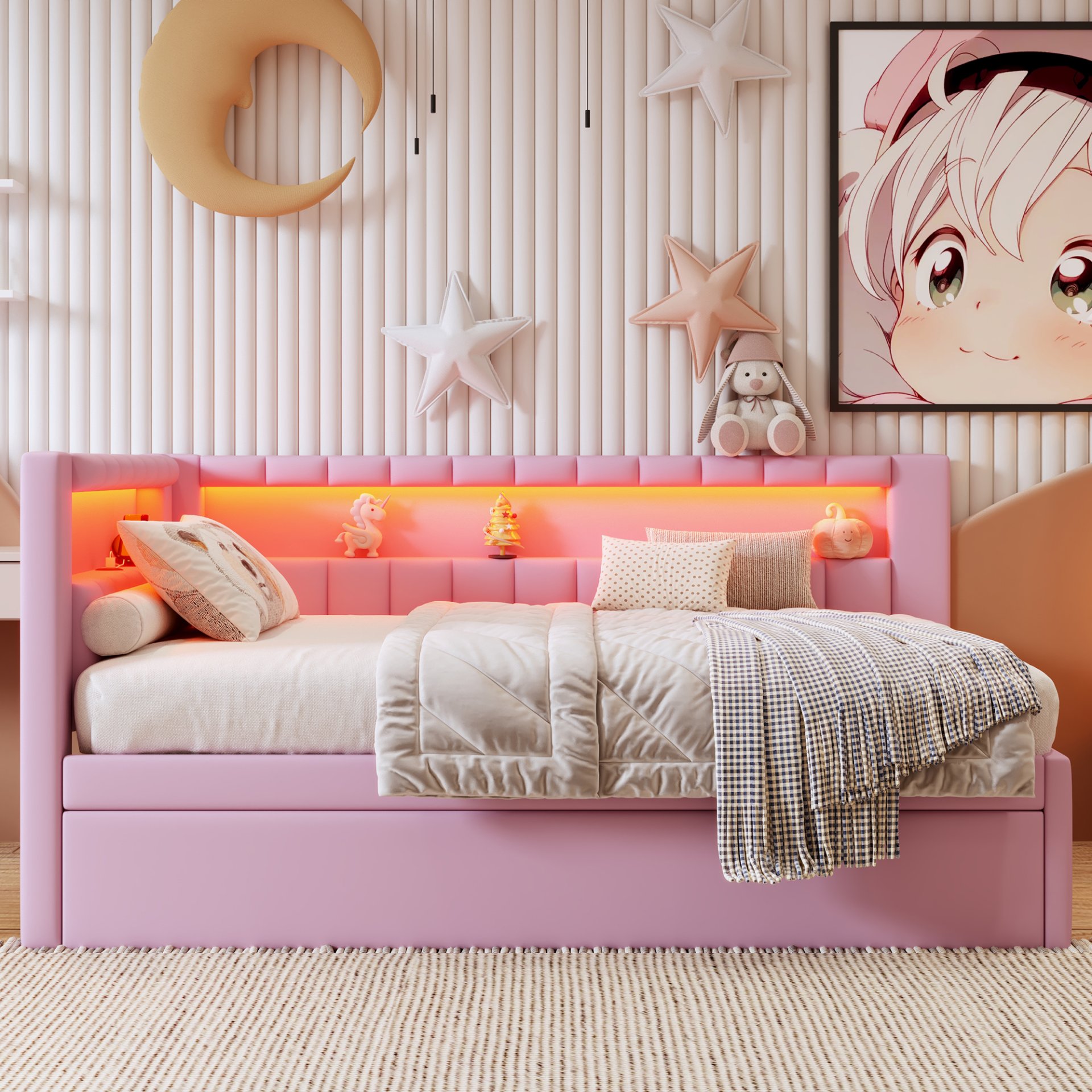 Full Size Upholstered Platform Bed With USB Ports, LED Belt And Trundle - Pink - Image 5