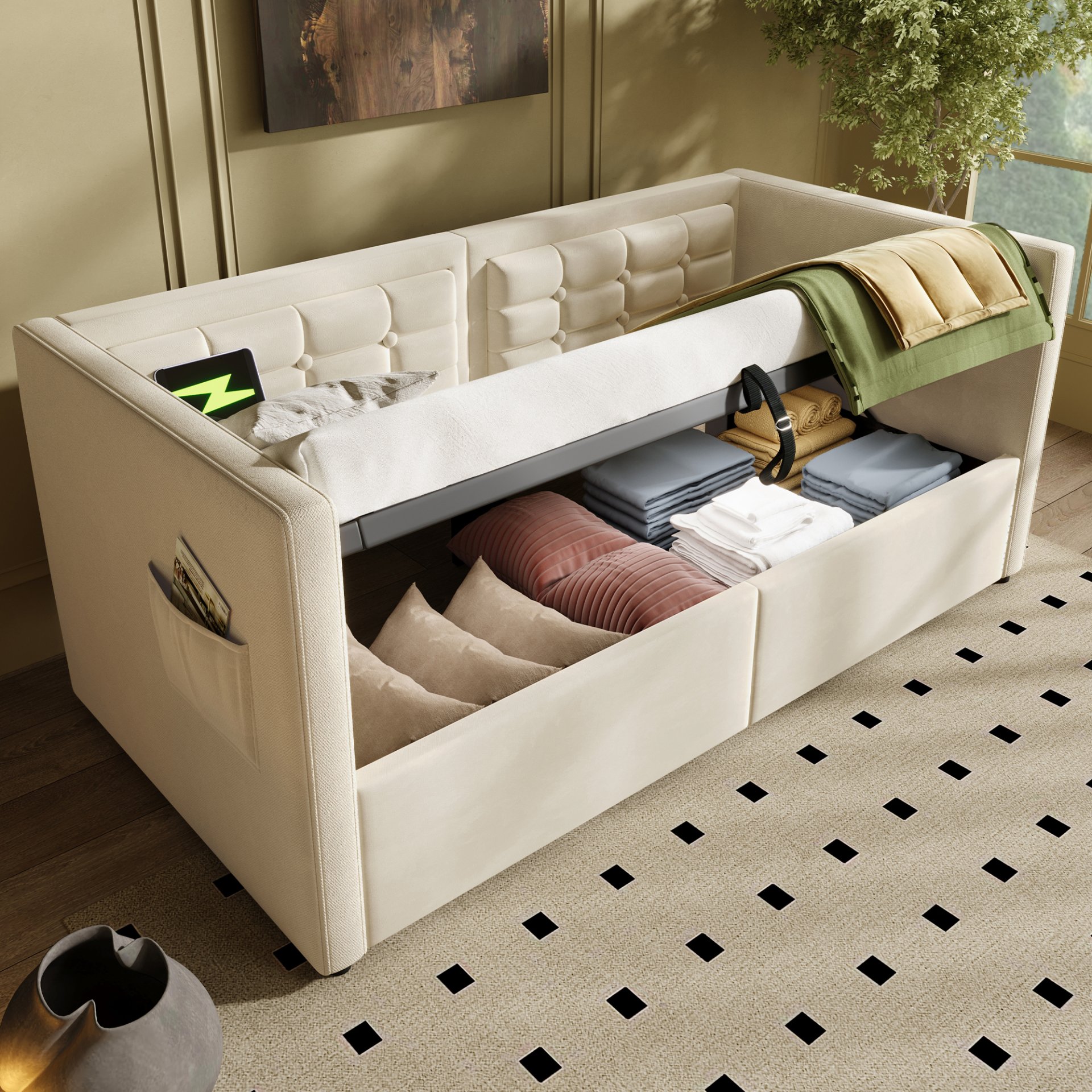Twin Size Upholstered Hydraulic Storage Daybed With USB & Type C Charging - Beige - Image 10