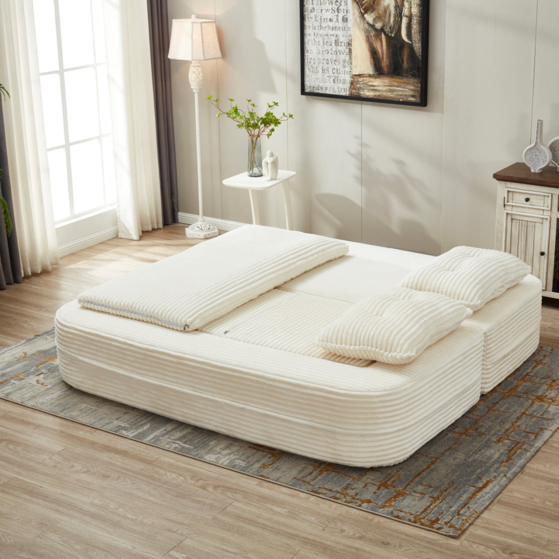 Multi Functional Sectional Sofa Bed With Independent Chaise Lounge And Functional Blanket - Beige - Image 16