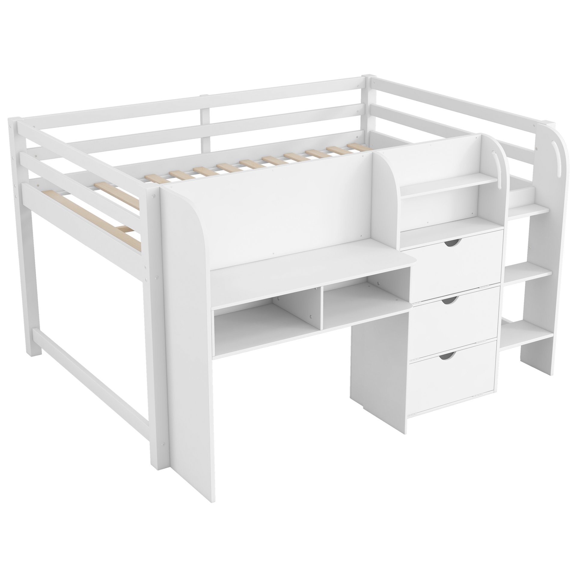 Full Size Low Loft Bed With Built In Desk, Storage Cabinets, Open Bookcase And Doodle Blackboard - White - Image 9