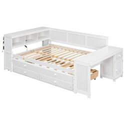 Full Size Daybed With Storage Shelves, Drawers, Trundle, Charging Station, LED Light, Desk And Cabinet - White
