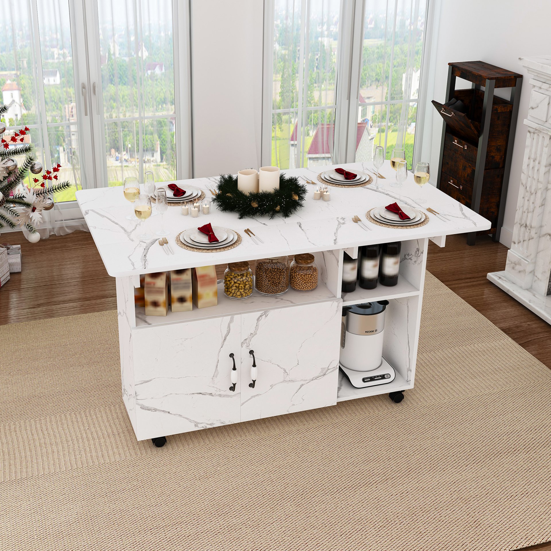 Multifunctional Folding Table With Storage Shelves And Wheels, Compact Desk For Kitchen - White - Image 7