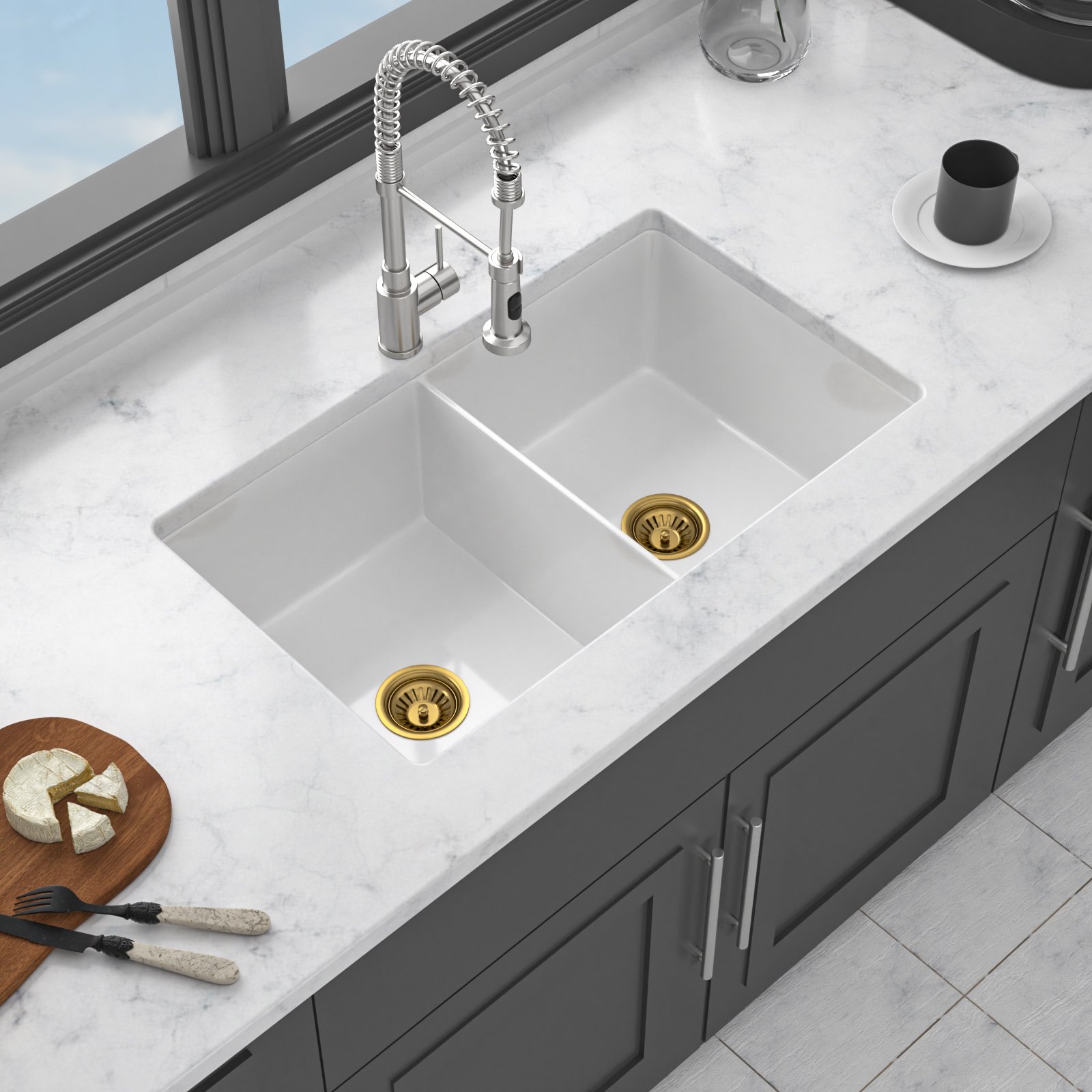 32" Undermount Double Bowl Kitchen Sink Rectangular Deep Dual Bas With Grids - White - Image 6