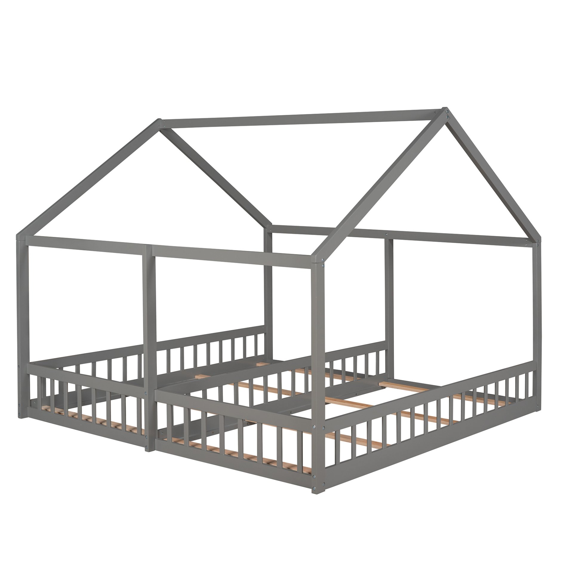 Twin Size House Platform Beds, 2 In 1 Shared Design With Guardrails - Gray - Image 6