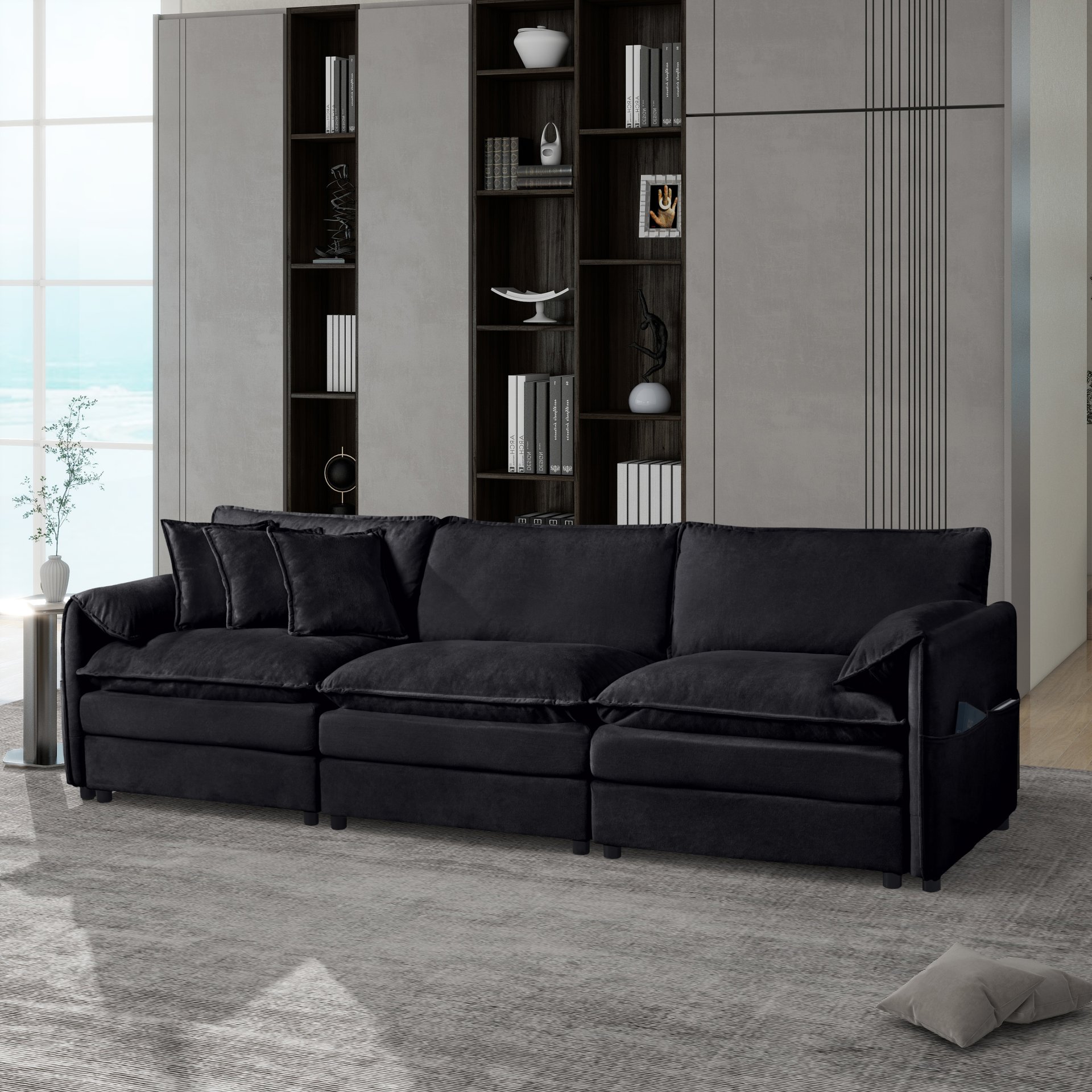 Modern Chenille Oversized Deep Seat Sectional Sofa, Large 3 Seater Modular With Pillows - Black - Image 2