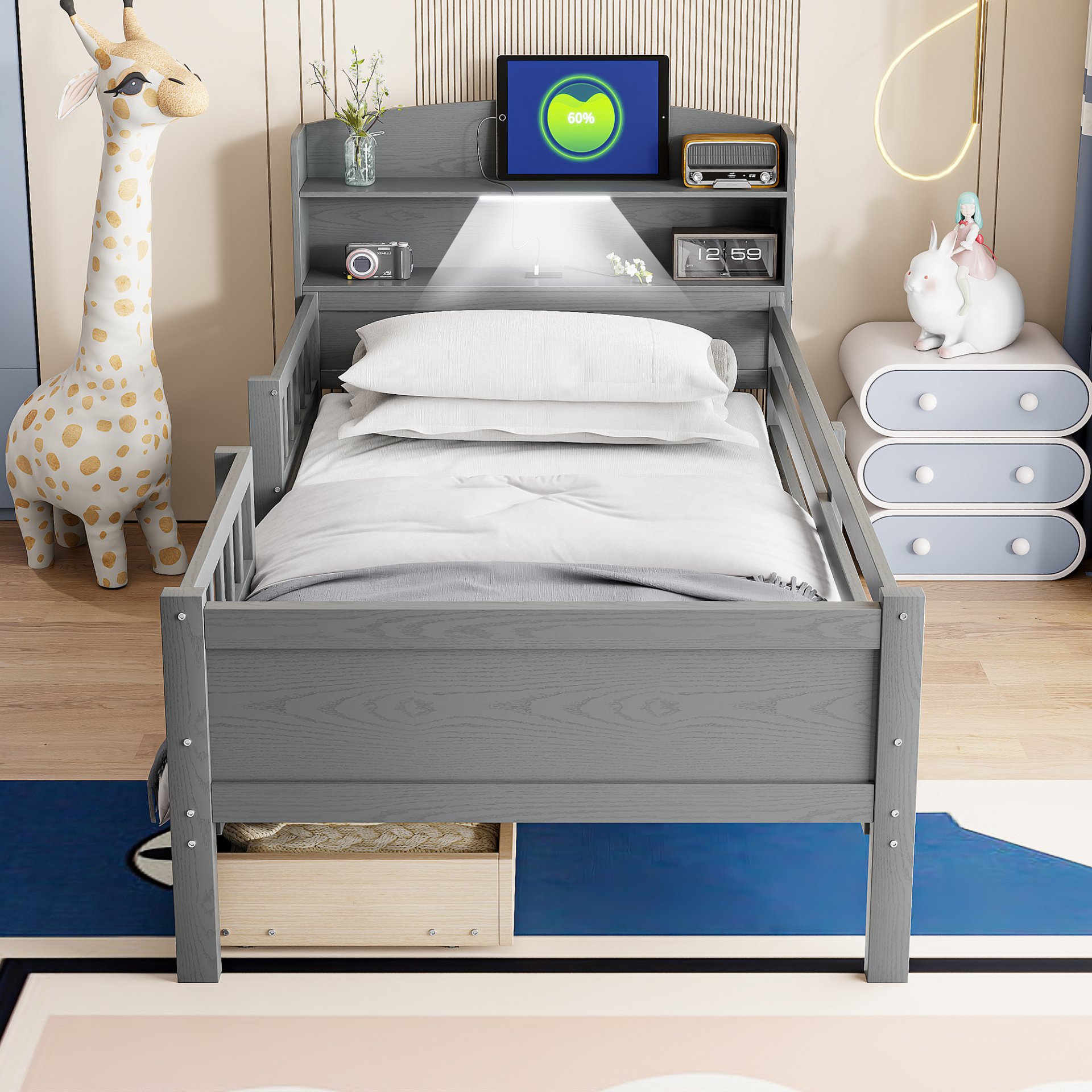 Twin Size Platform Bed With LED Light, Multi Functional Headboard, Guardrail And 2 Drawers - Gray - Image 6