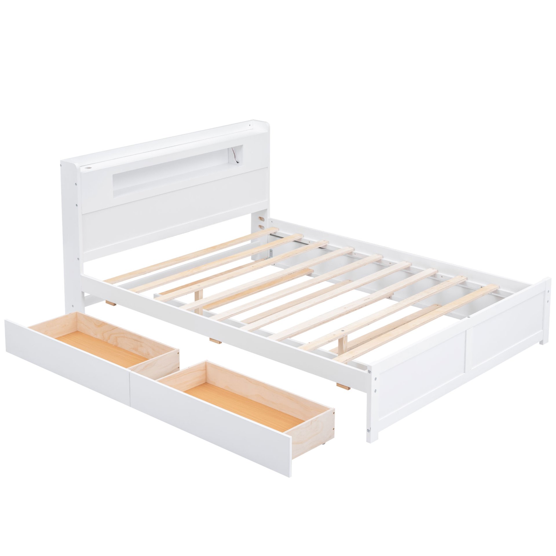 Queen Size Storage Platform Bed With LED Lights, 2 Drawers And Twin Trundle - White - Image 11