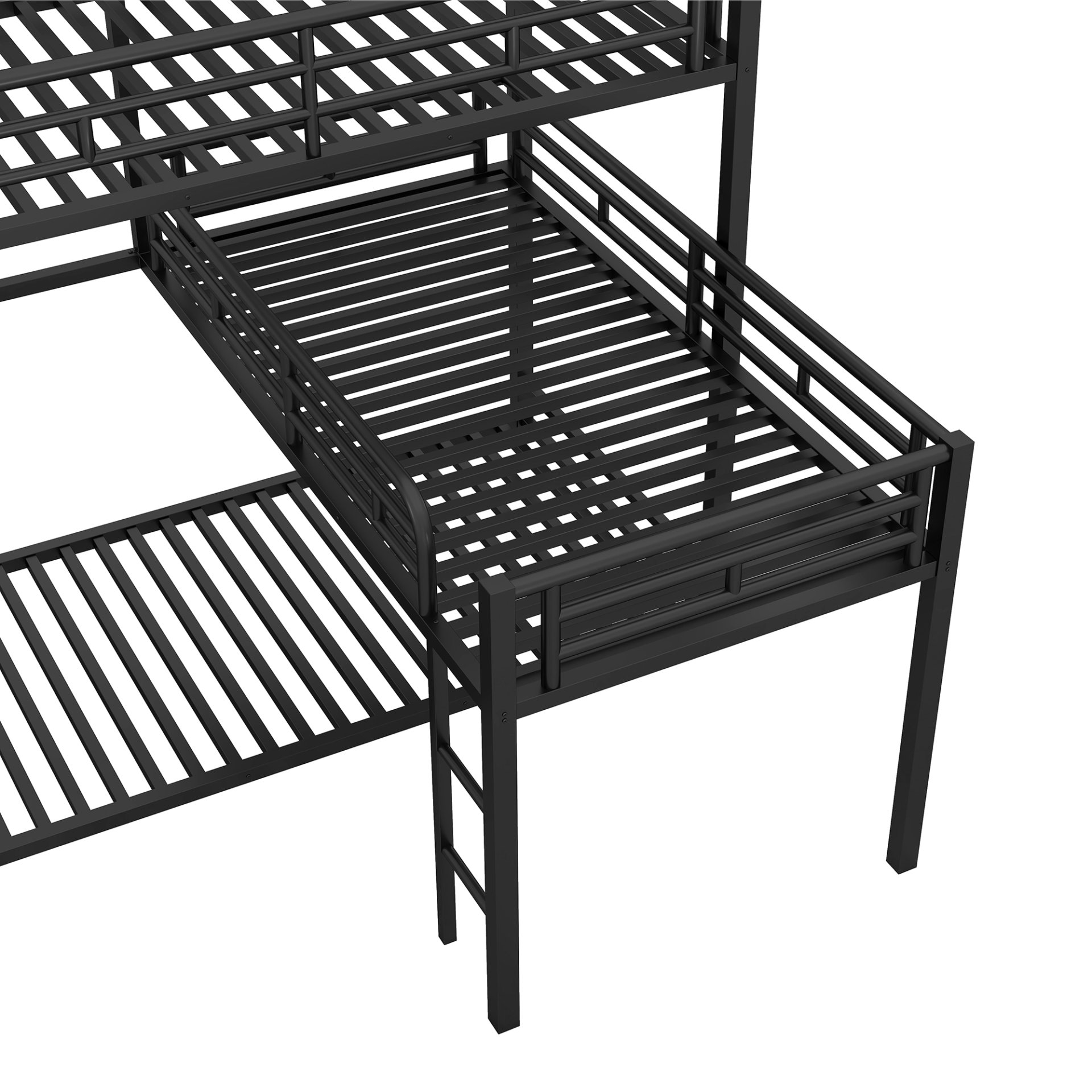 L-Shaped Triple Twin Size Bunk Bed, Industrial Design With Integrated Ladder And Full Length Guardrails - Black - Image 7