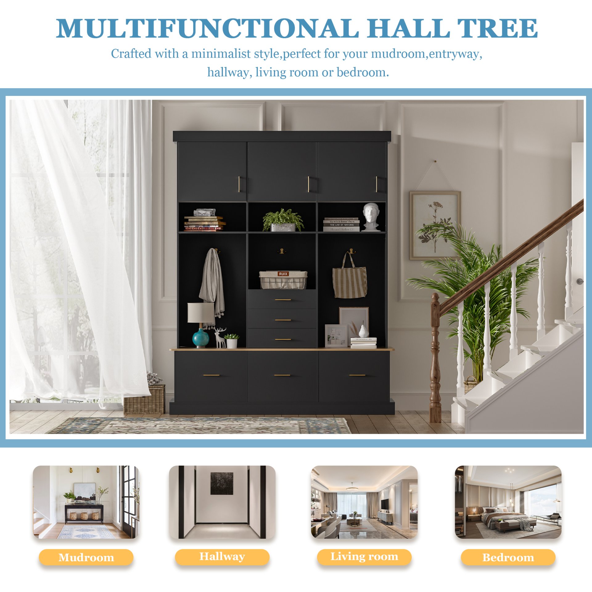 Entryway Hall Tree With Bench And Storage, 5 In 1 Coat Rack, 6 Drawers, 3 Cabinets And 3 Tier Top Storage - Black - Image 7