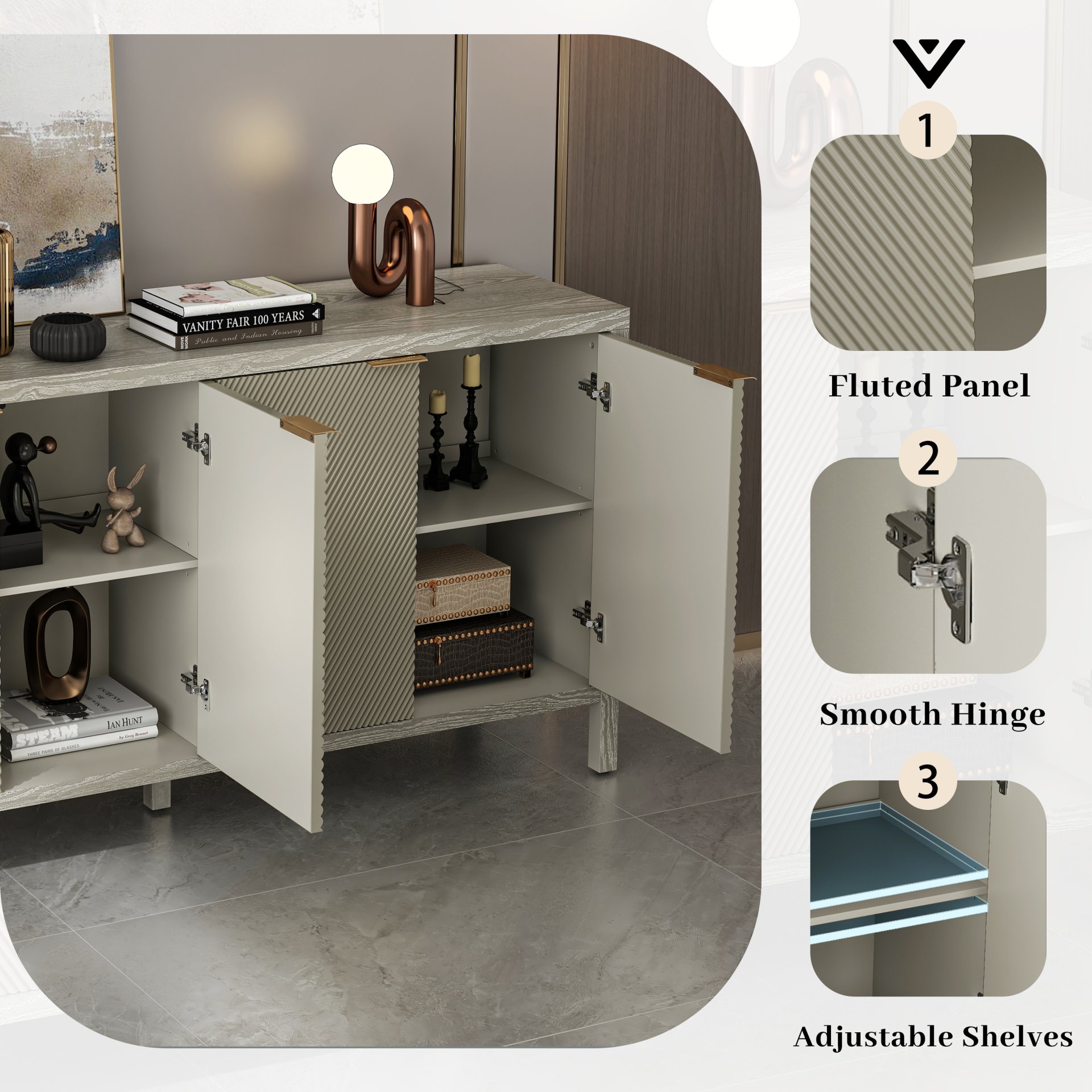 Buffet Cabinet With 4 Doors, Storage Sideboard For Living Room, Dining Room - Champagne - Image 6