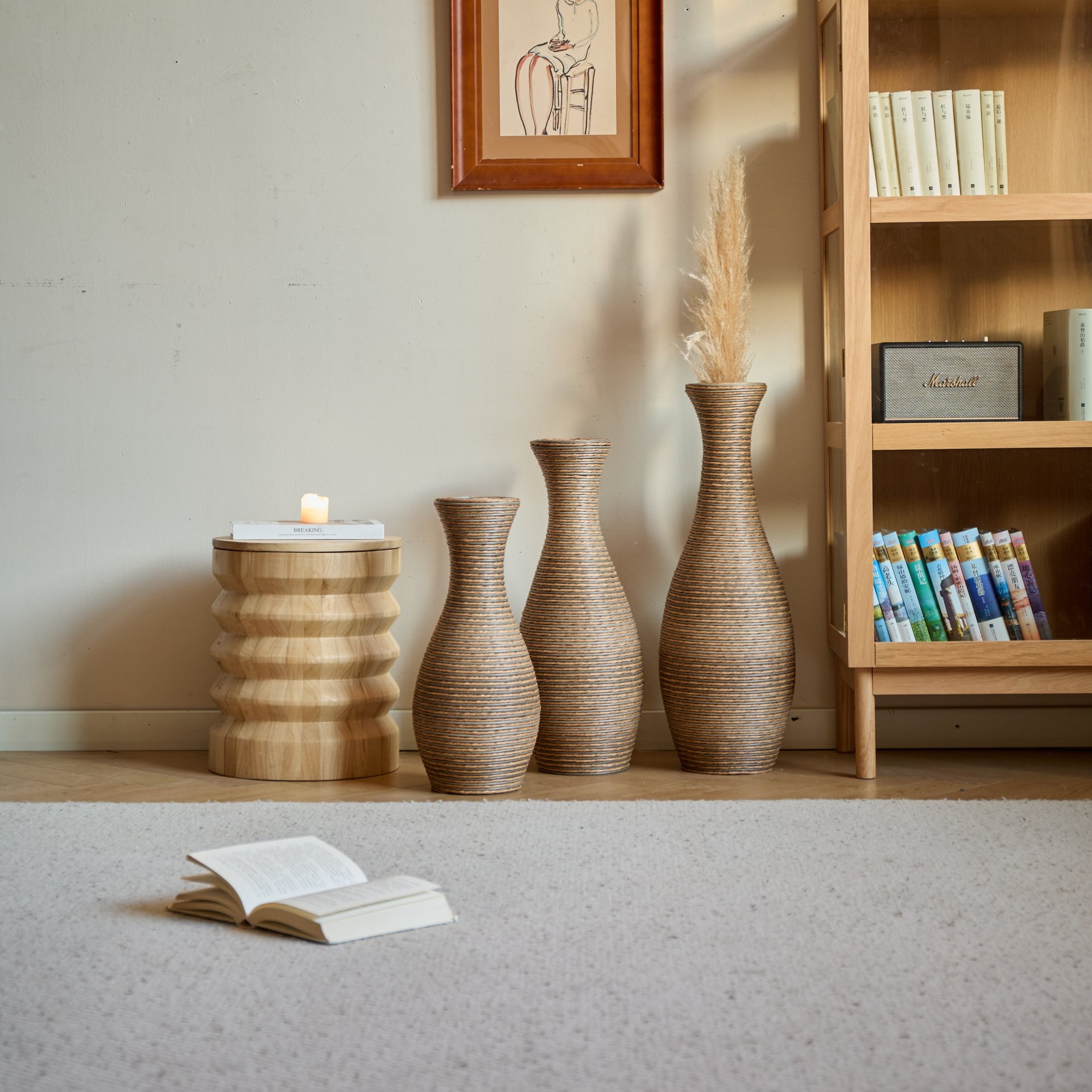 3 Piece Artificial Rattan Floor Vase Set Decorative Accent For Living Room, Hallway & Entryway, Ideal For Dried Or Silk Flower Arrangements - Beige - Image 19