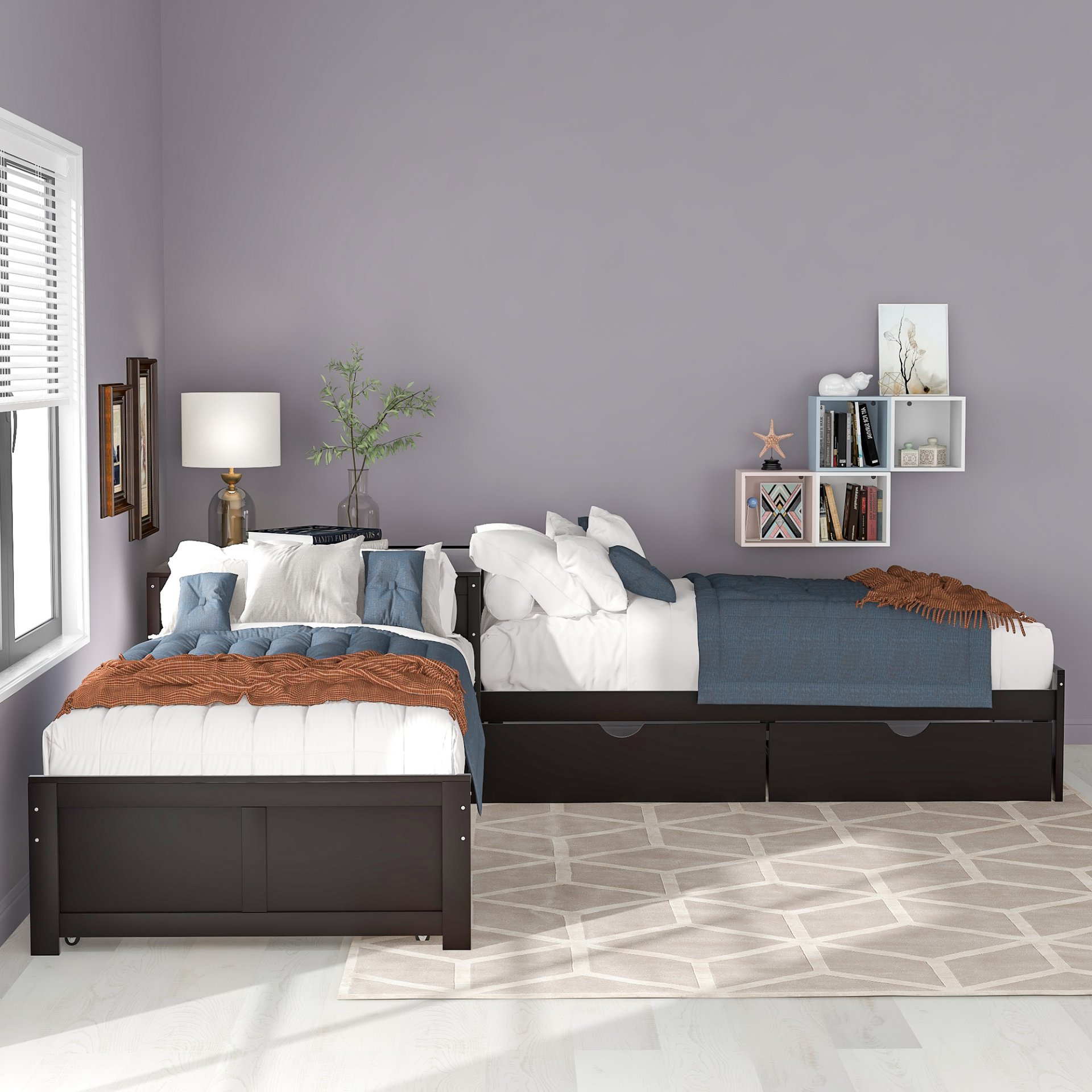 L-Shaped Platform Bed With Trundle And Drawers Linked With Built In Desk, Twin - Espresso - Image 2
