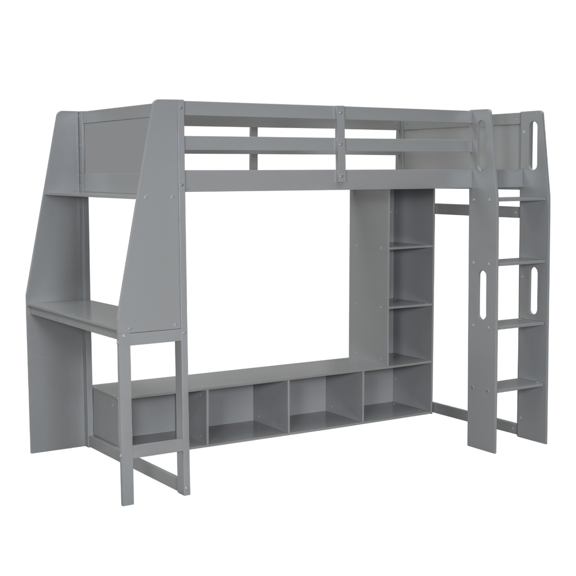 Twin Size Gaming Loft Bed With Desk, Multi Storage Shelves, LED Lighting, And Hanging Clothes Rack - Gray - Image 11