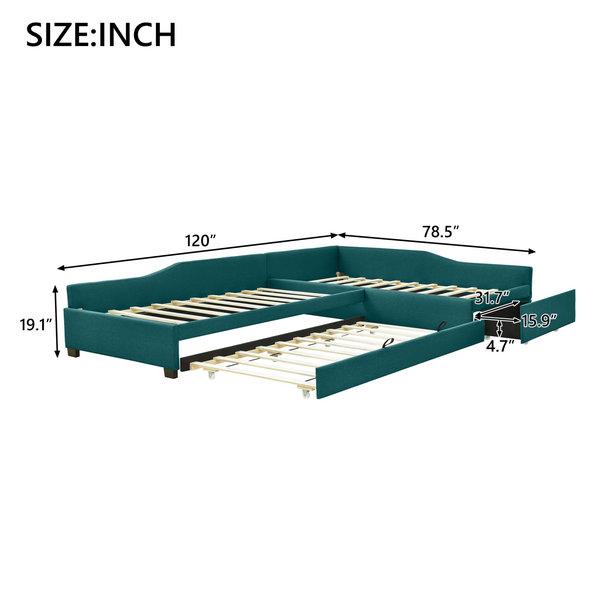 Upholstered Double Twin Daybed With Trundle And Drawer - Green - Image 3