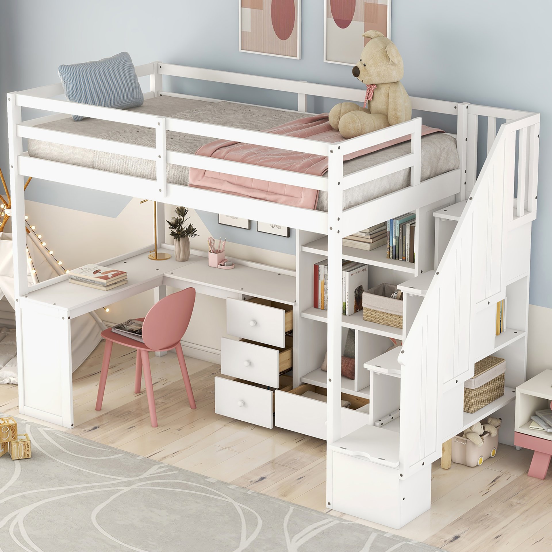 Twin Size Loft Bed With L-Shaped Desk, Drawers, Cabinet And Storage Staircase - White - Image 6