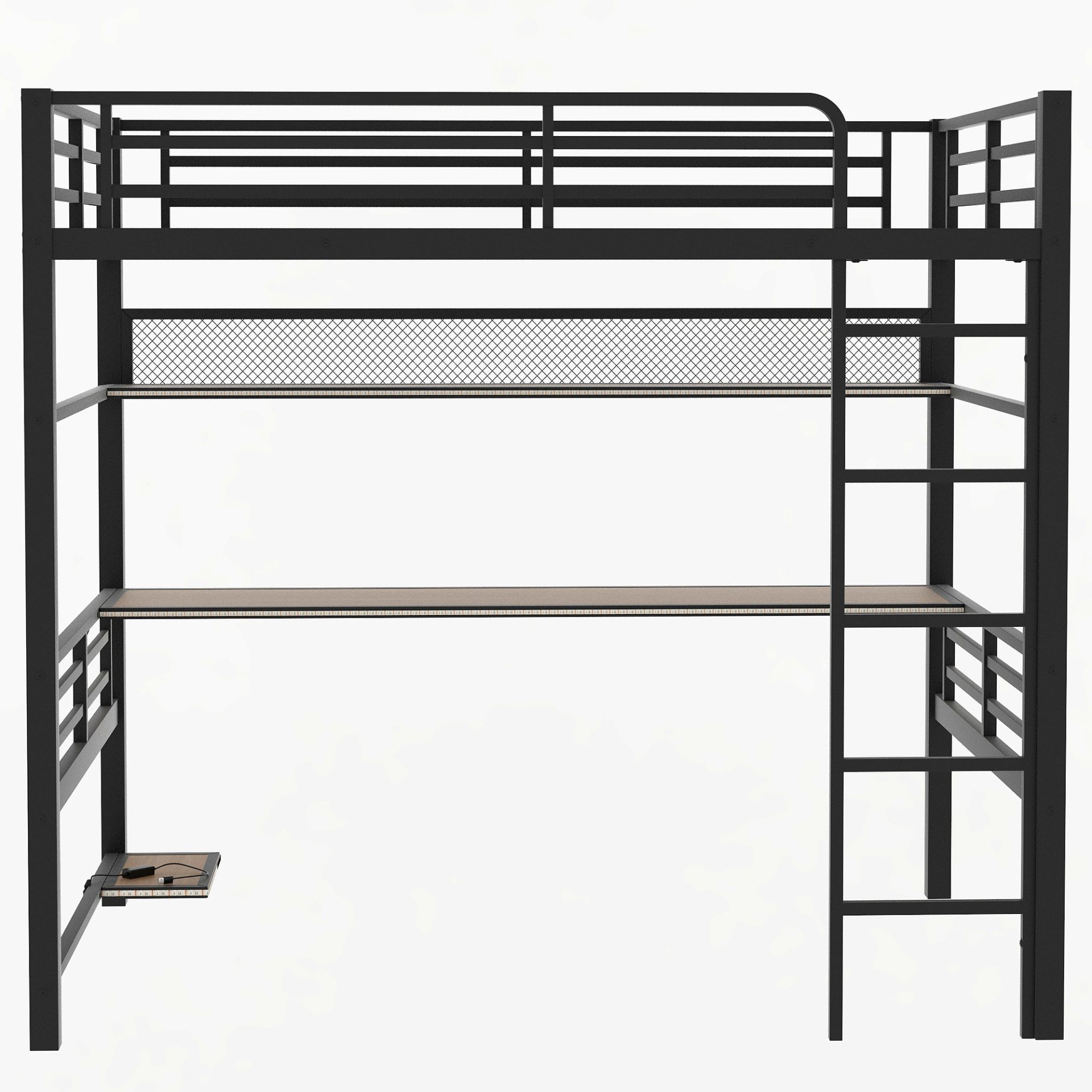 Full Size Loft Bed Frame With Storage Shelf And LED Light - Black - Image 11