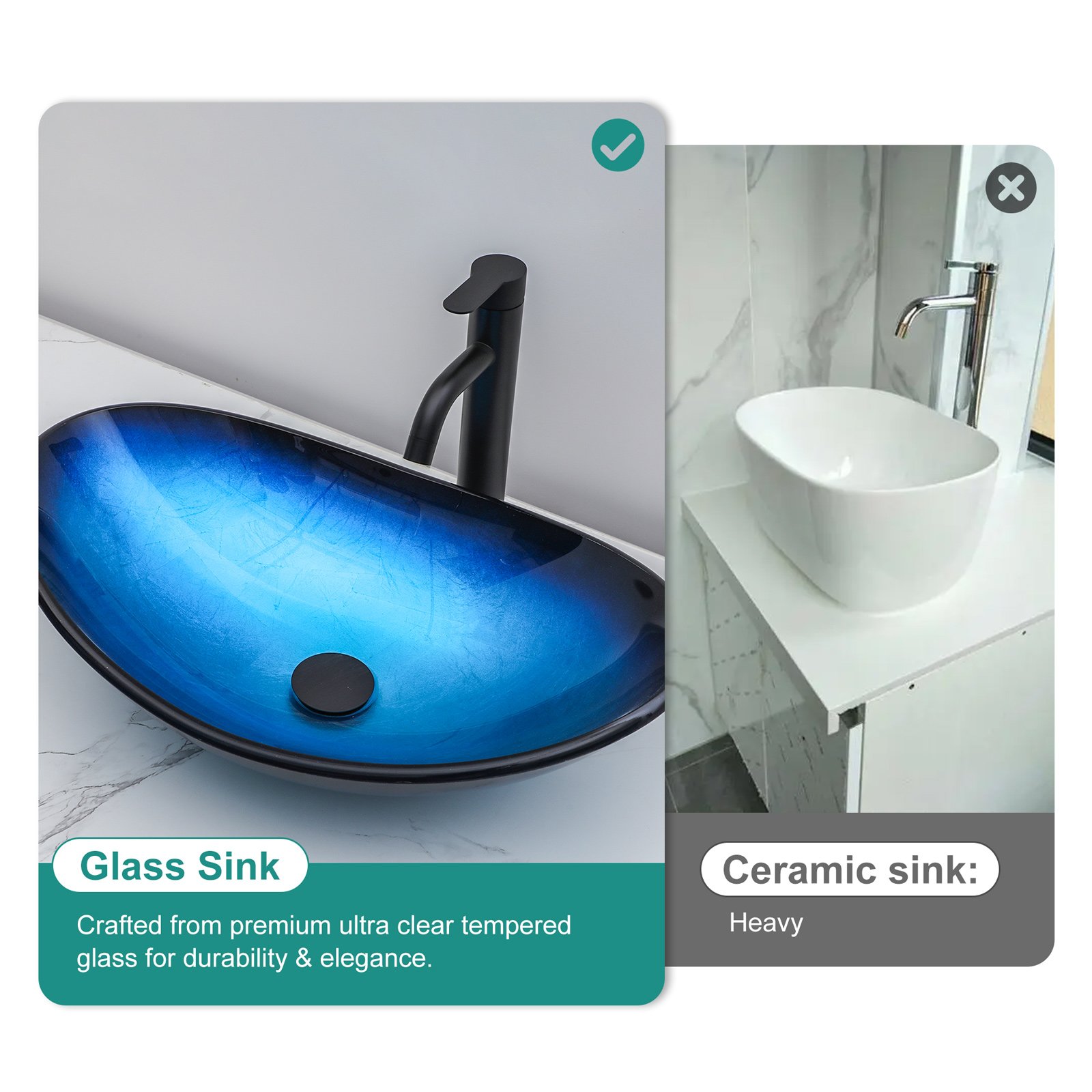 Vessel Sink With Pop Up Drain, Boat Shape Above Counter Bathroom Sink - Blue - Image 12
