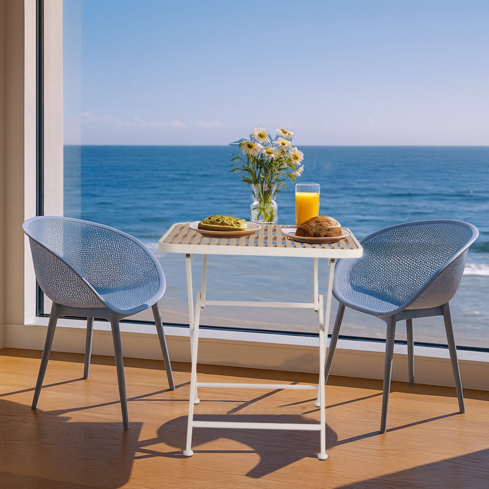 2 Pack Lounge Chair Set With Folding Square Table - Khaki / Light Baby Blue / White - Image 15