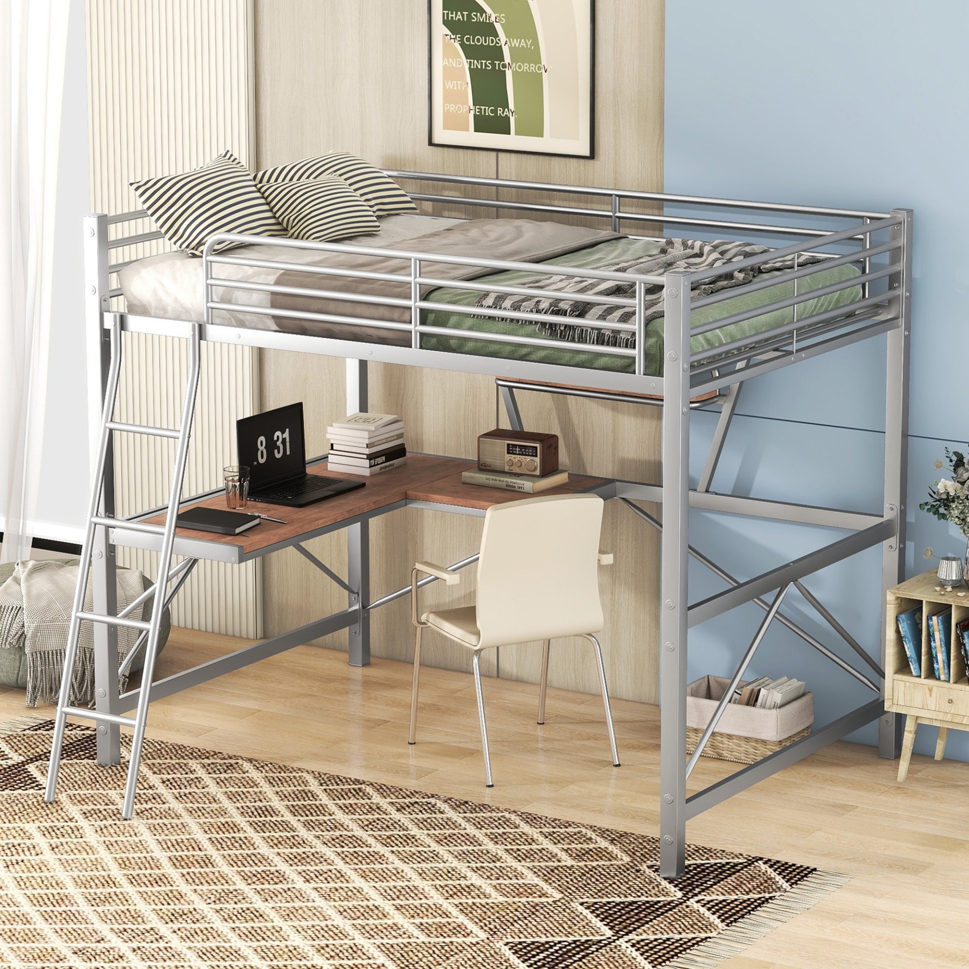 Full Size Loft Bed With Desk And Shelf - Silver - Image 2