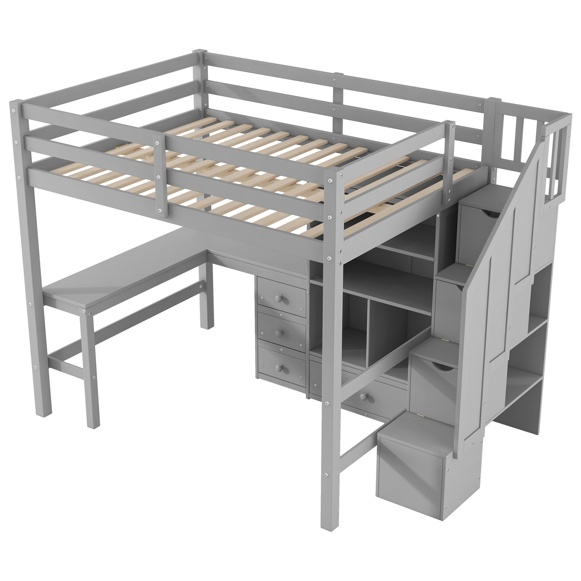 Full Size Loft Bed With L-Shaped Desk, Drawers, Cabinet, And Storage Staircase - Gray - Image 9