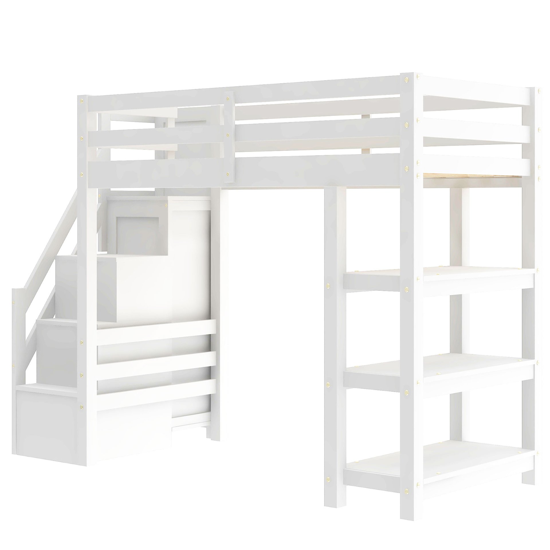 Twin Size Loft Bed With 4 Layer Shelves, Storage Staircase, Small Wardrobe And LED Light - White - Image 11