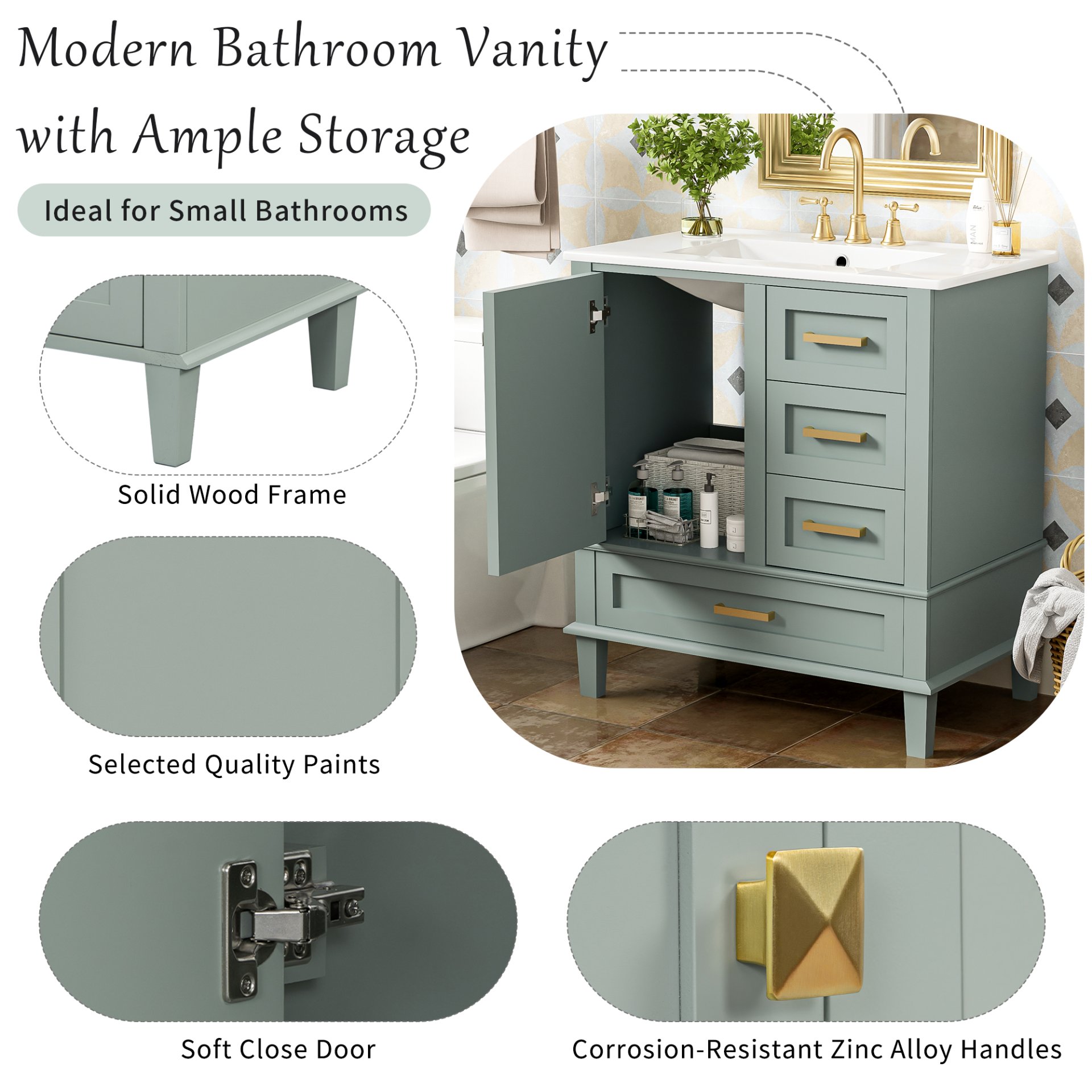 30" Bathroom Vanity Set With Sink, Featuring Soft Close Doors, And 3 Drawer Design - Sage Green - Image 7