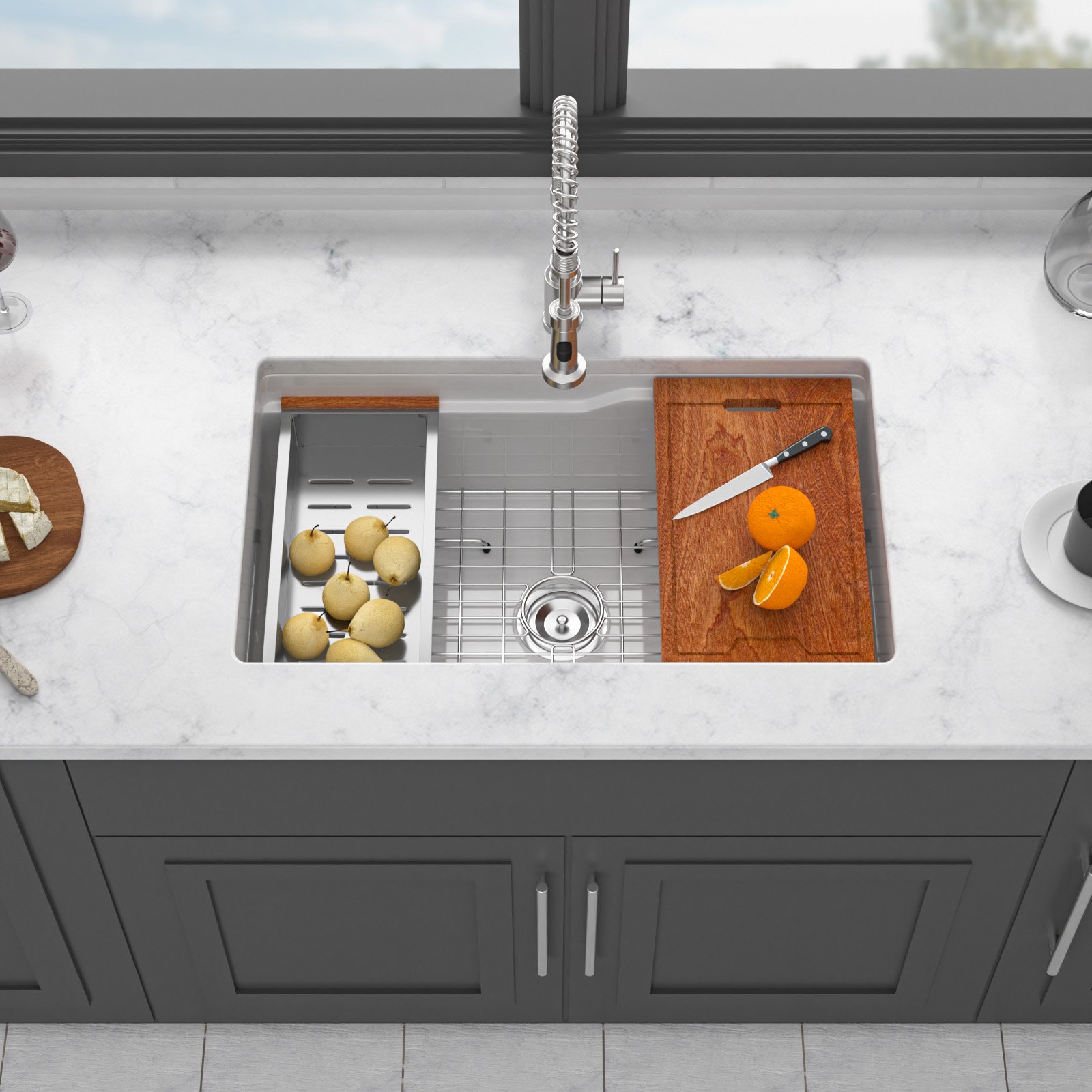 32" Undermount Workstation Single Bowl Kitchen Sink Rectangular Deep Bas With Dual Mount Installation - White - Image 2