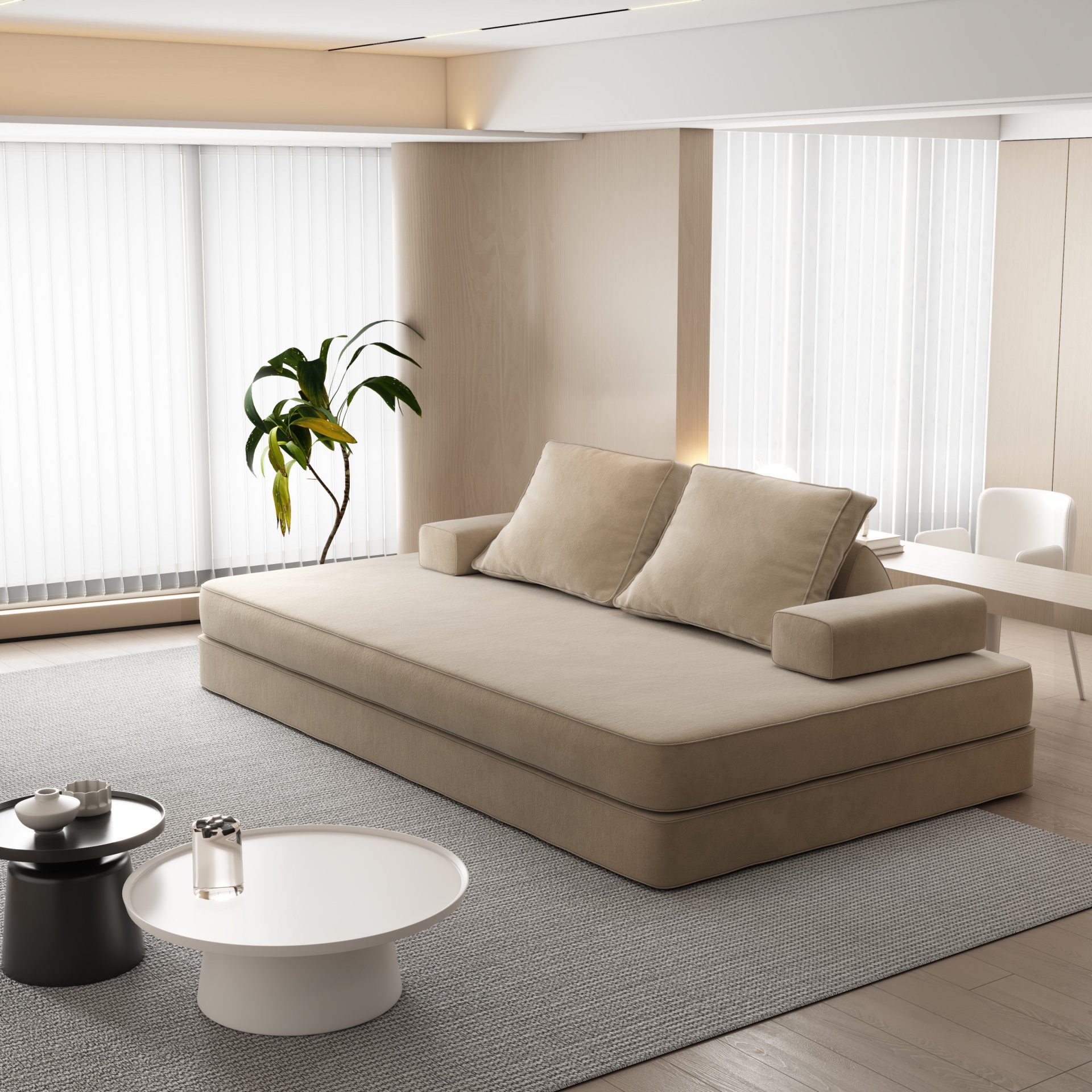 Multifunctional Convertible Sofa Bed With 2 Tumbler Backrests And 2 Pillows, Diy Modern Upholstered Couch - Camel - Image 6