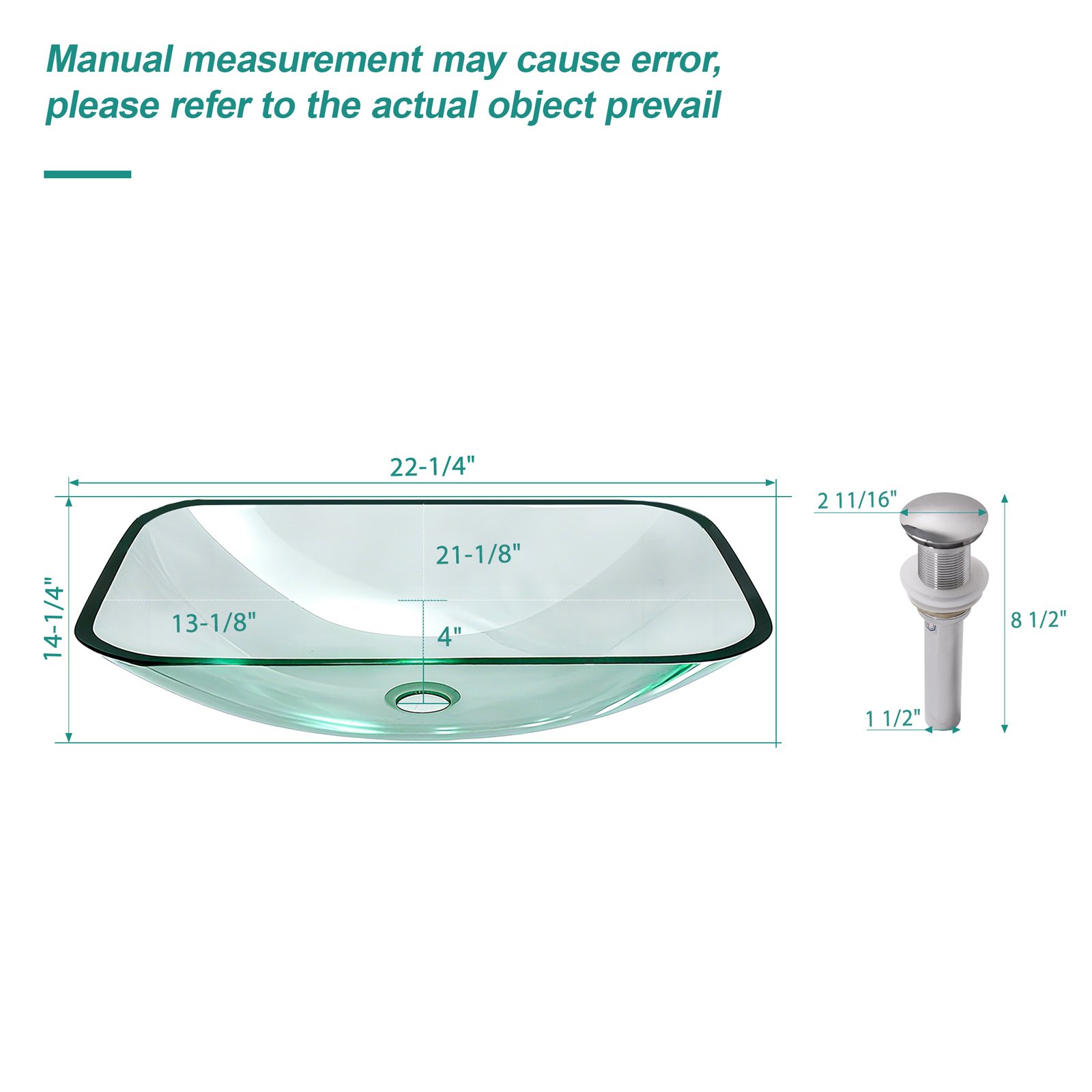 Clear Vessel Sink Rectangle Above Counter Bathroom Basin With Pop Up Drain, No Faucet - Clear - Image 3