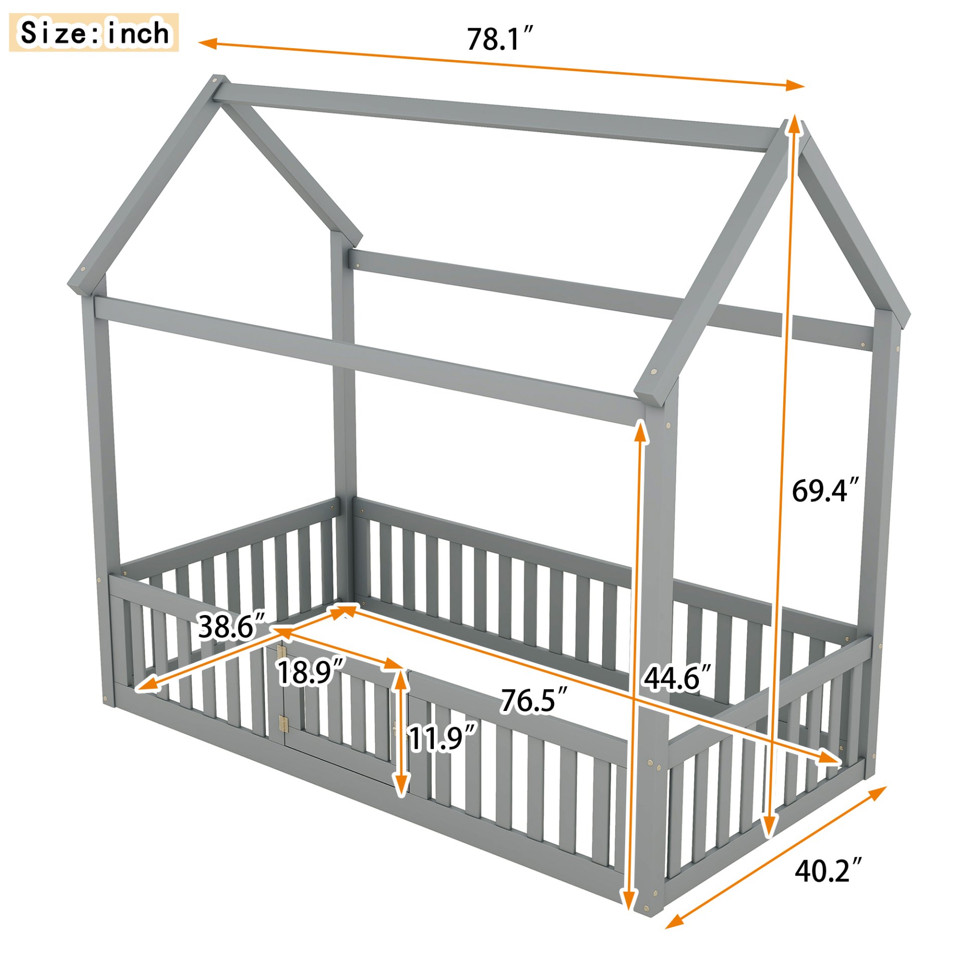 Twin Size House Bed With Fence And Door - Gray - Image 3