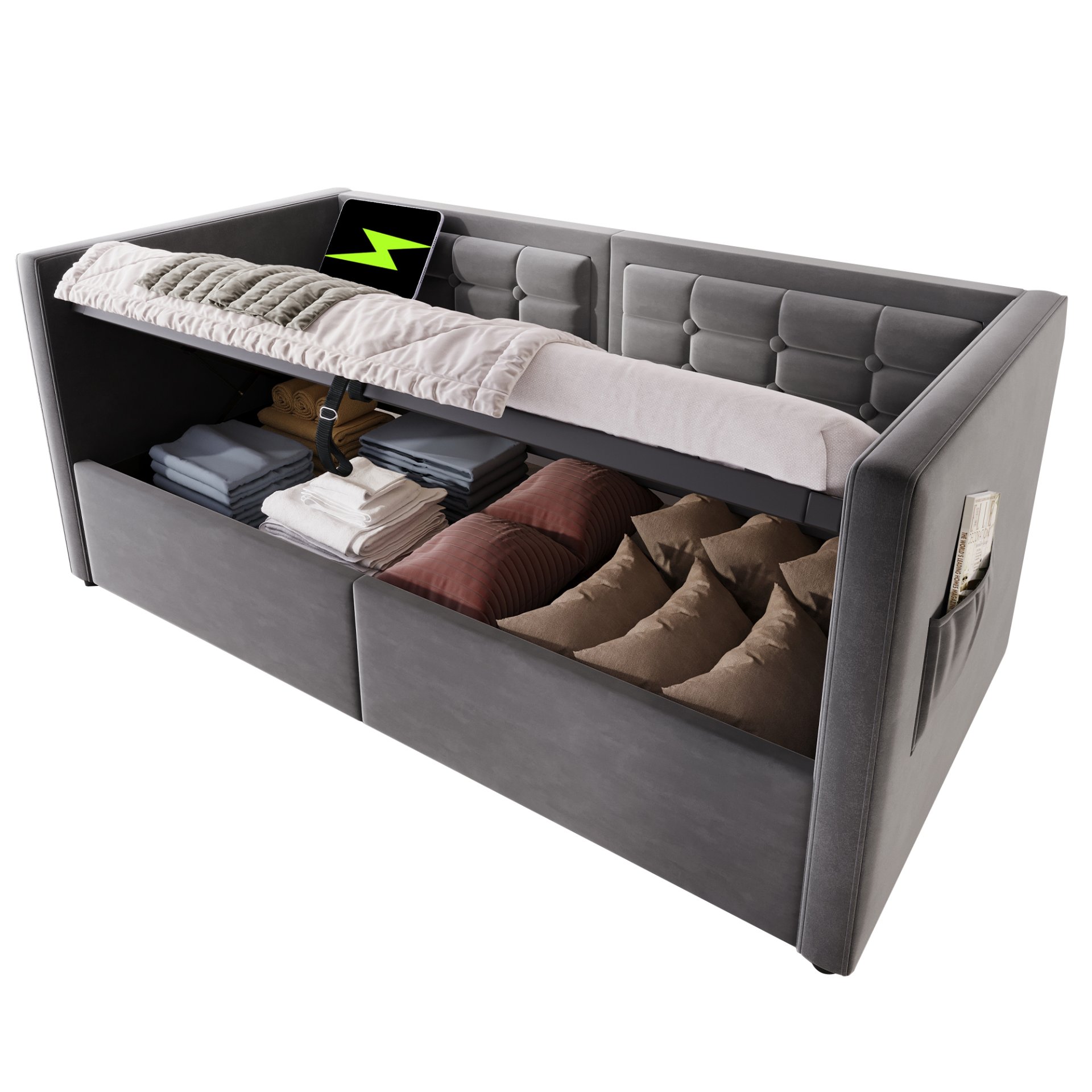 Twin Size Upholstered Hydraulic Storage Daybed With USB & Type C Charging - Gray - Image 9