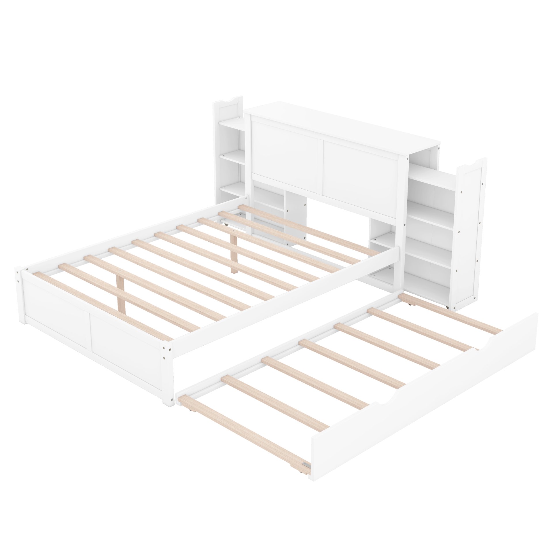 Full Size Storage Platform Bed With Pull Out Shelves And Twin Trundle - White - Image 14