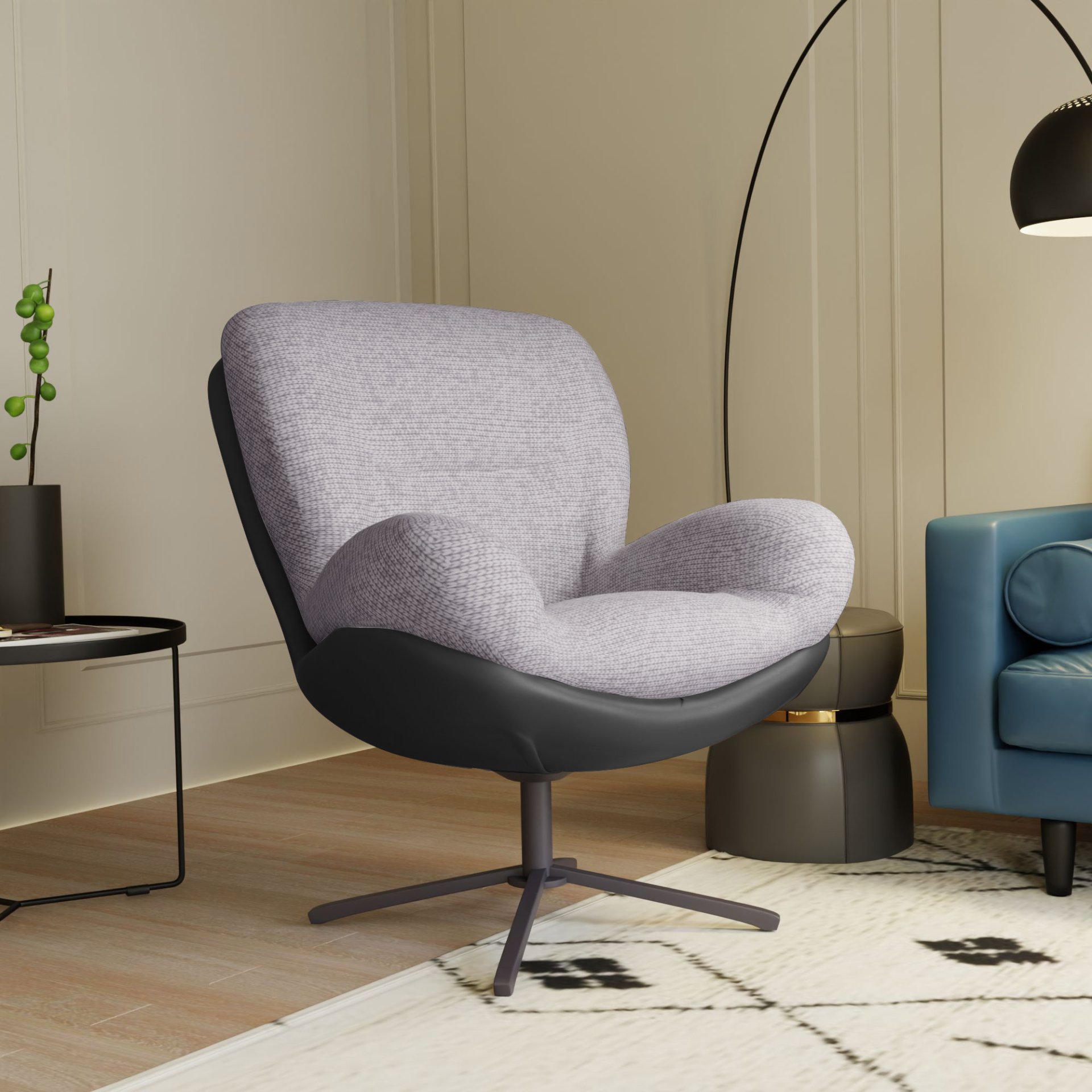 360° Swivel Office Chair, Modern Chenille Chair With And Metal Base Frame, No Wheels, Accent Chair - Gray - Image 3
