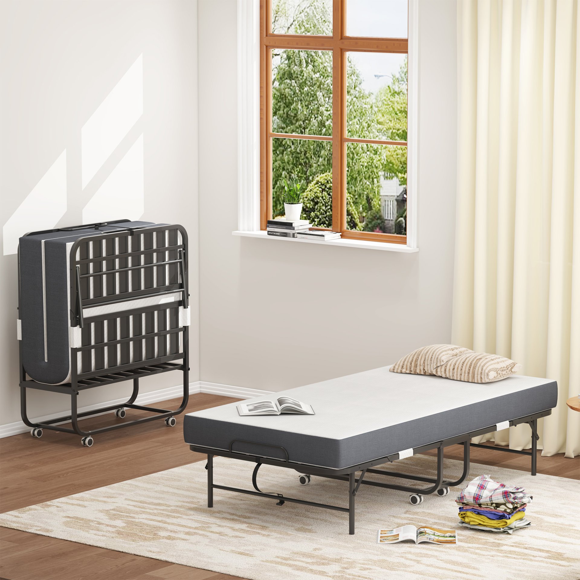 Twin Folding Bed With Memory Foam Mattress Portable Rollaway Bed Sturdy Metal Frame - Brushed Nickel - Image 10