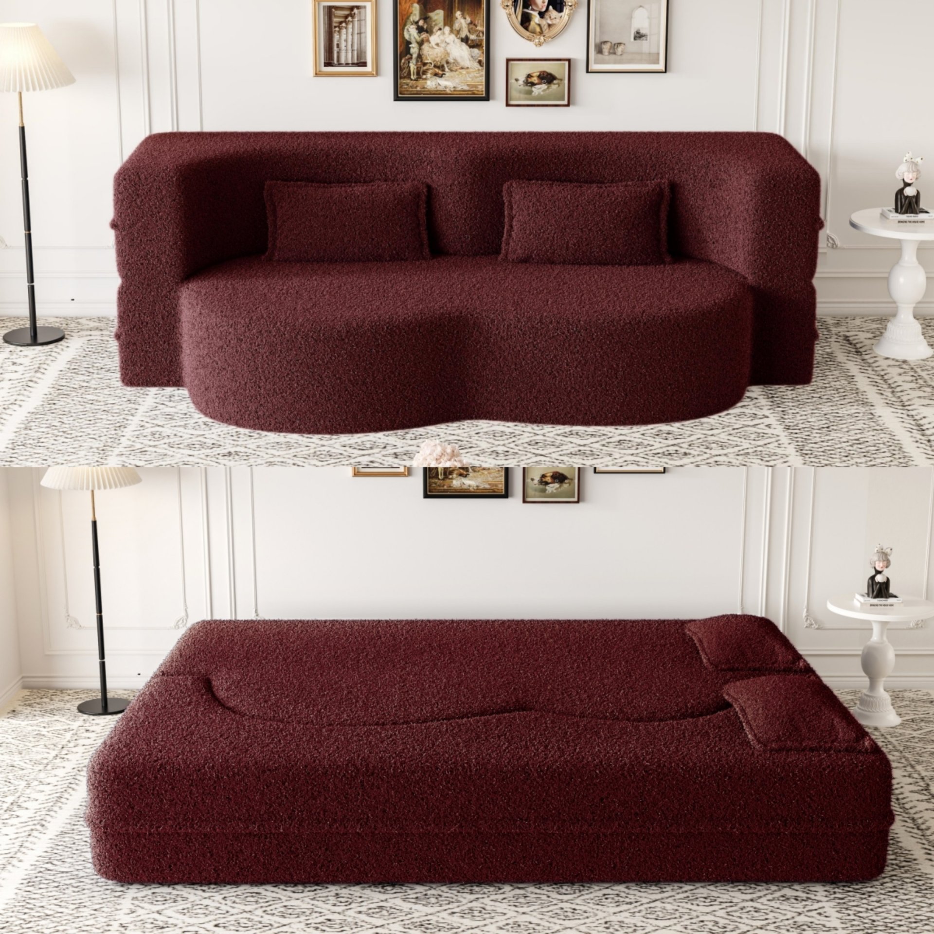 Modern Floor Sofa With 2 Pillows, Convertible Teddy Fabric Foam Filled Sleeper Sofa Bed, Full Size Folding Mattress For Living Room Guest Bed, Playroom, No Assembly Required - Burgundy - Image 2