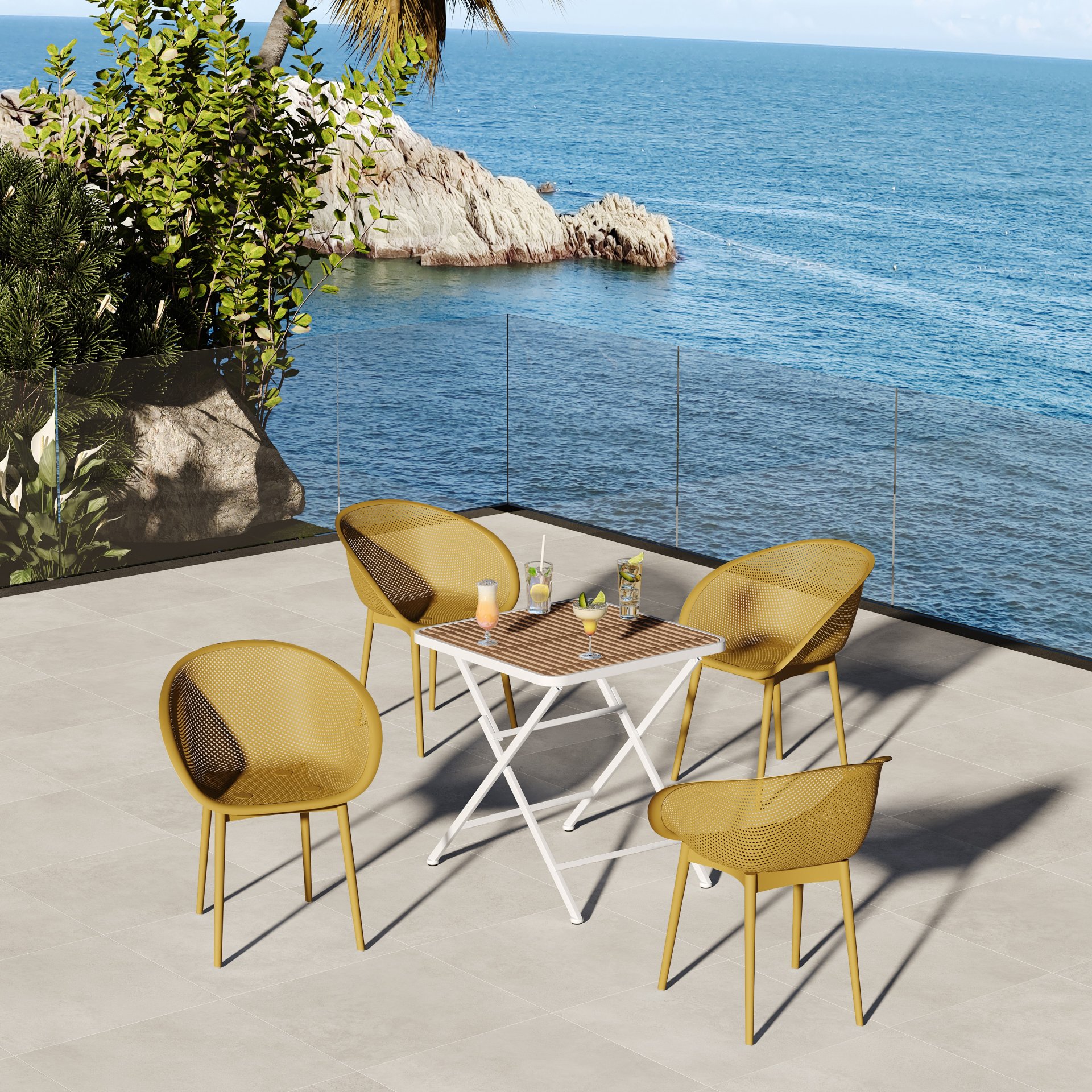 2 Pack Lounge Chair Set With Folding Square Table - Earthy Yellow / Khaki / White - Image 15