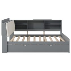 Full Size Platform Bed With Trundle, Shelves, And Storage Headboard - Gray