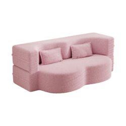 Modern Floor Sofa With 2 Pillows, Convertible Teddy Fabric Foam Filled Sleeper Sofa Bed, Full Size Folding Mattress For Living Room Guest Bed, Playroom, No Assembly Required - Pink