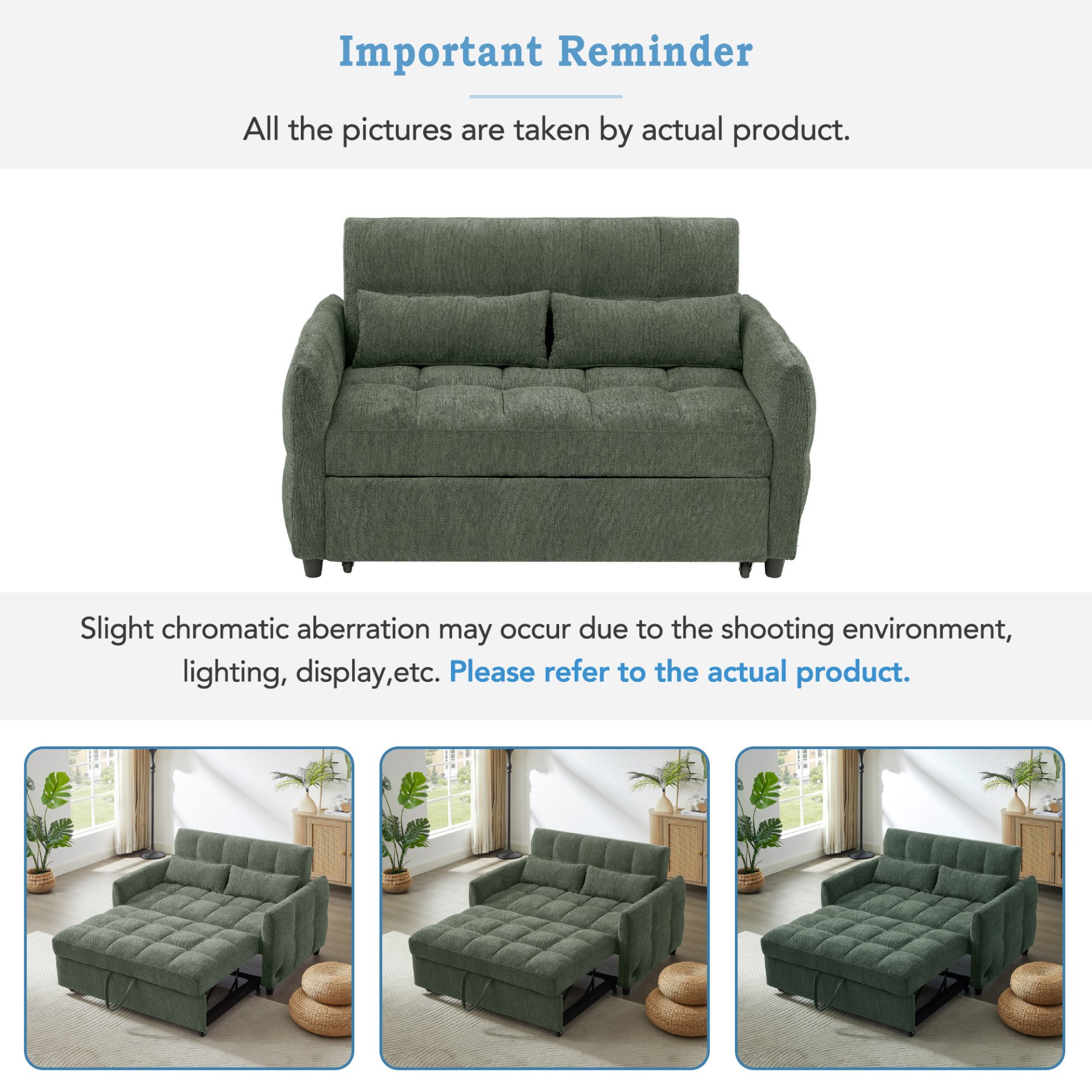 Tufted Loveseat Sofa Bed With Adjustable Backrest, 3 USB Ports, And 2 Lumbar Pillows - Green - Image 9