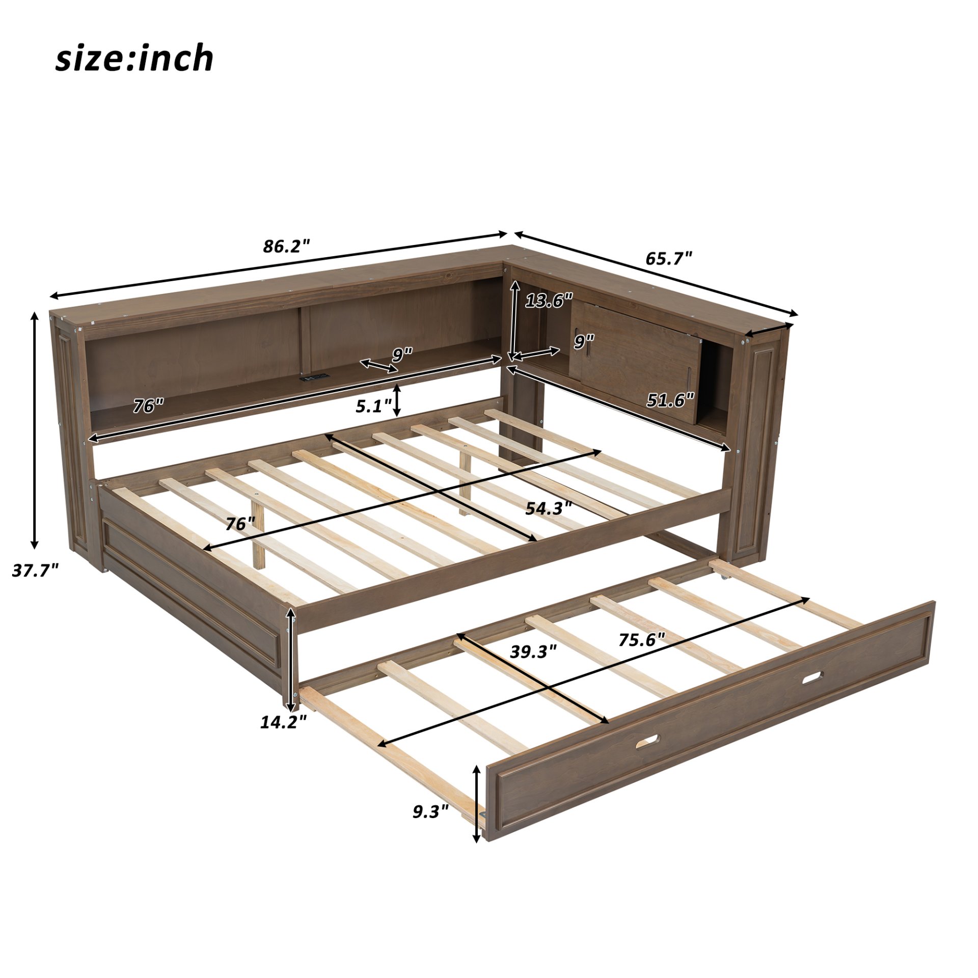 Full Size Daybed With Storage Shelves, LED, USB, And Trundle - Wood - Image 3