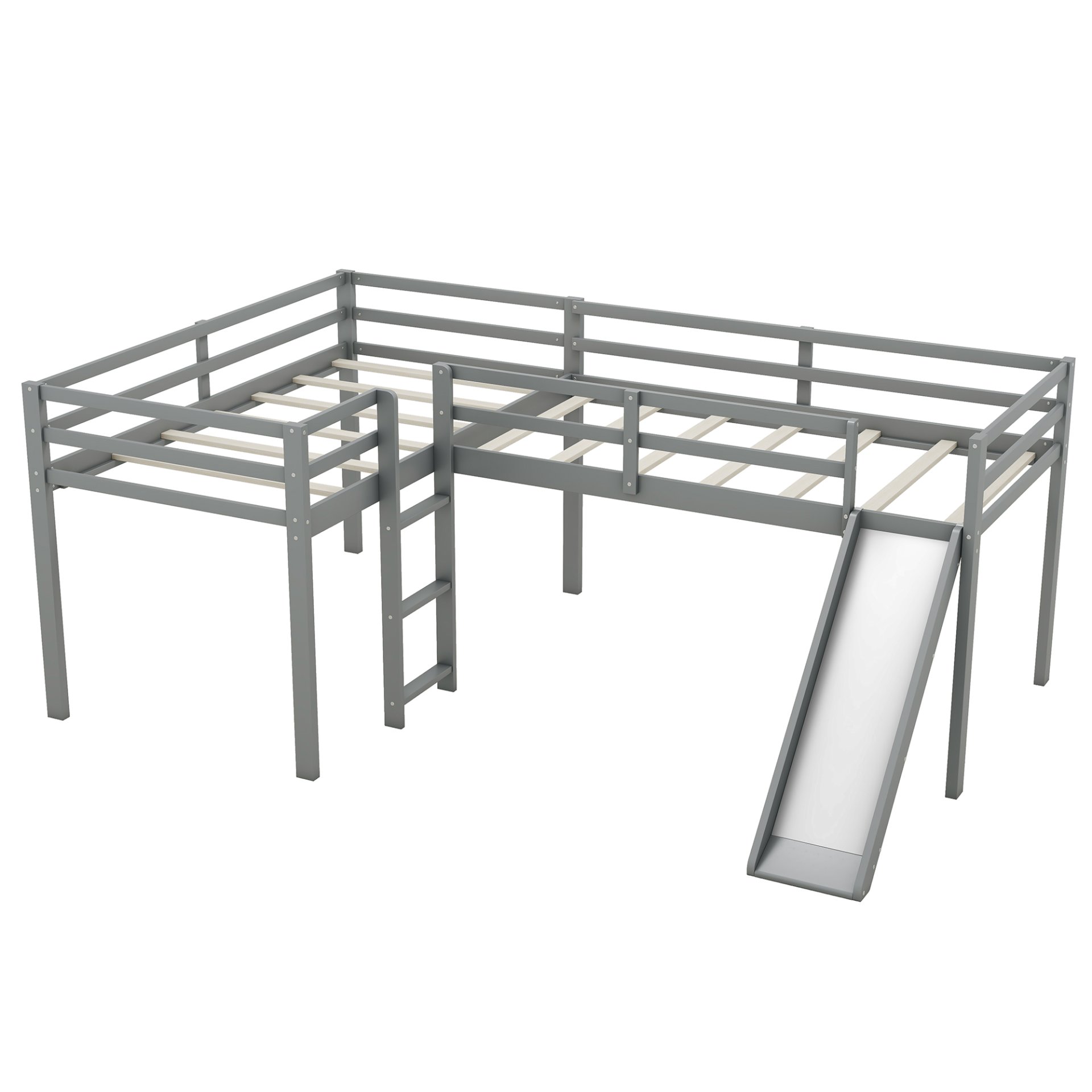 L-Shaped Twin Size Loft Bed With Ladder And Slide - Gray - Image 11