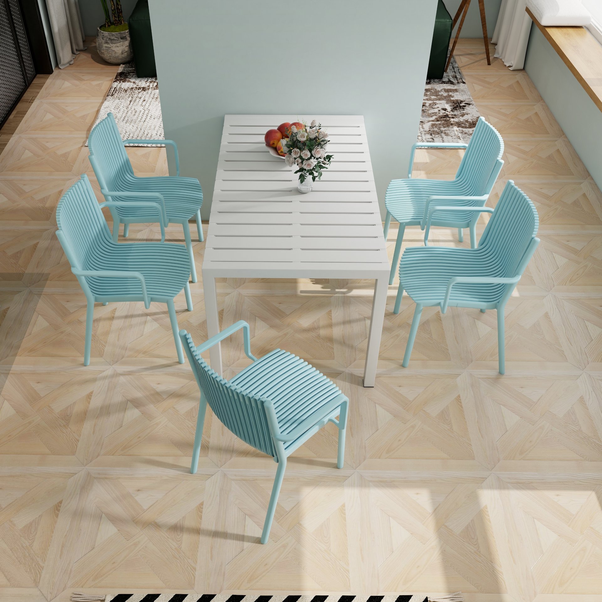 4 Piece Stackable Single Chairs With Vertical Stripe Design For All Weather - Light Blue - Image 5