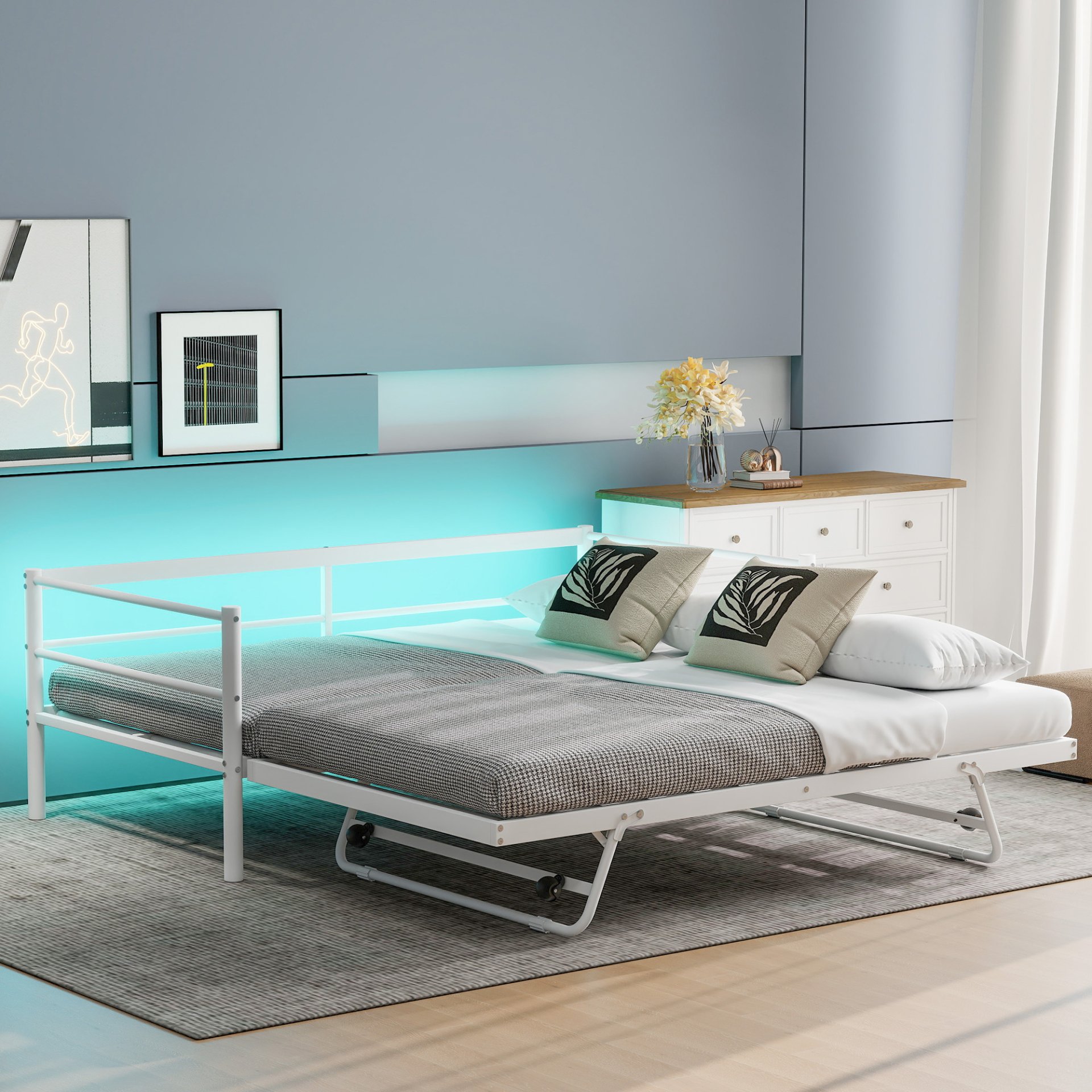 Industrial Twin Daybed With LED Light And Pop Up Trundle, Adjustable Support Frame - White - Image 4