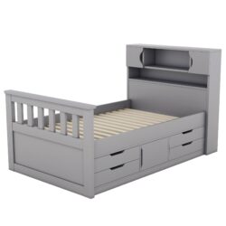 Twin Size Captain Platform Bed Frame With Storage Bookcases, Shelves, And 4 Drawers - Gray