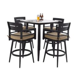 5 Pieces Outdoor Patio Bar Set, Rounded Square Table & 4 Swivel Bar Chairs - Ember Black / Linen Sesame