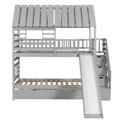 Twin Over Twin House Bunk Bed With Trundle, Storage Staircase, Roof And Window Design - Gray